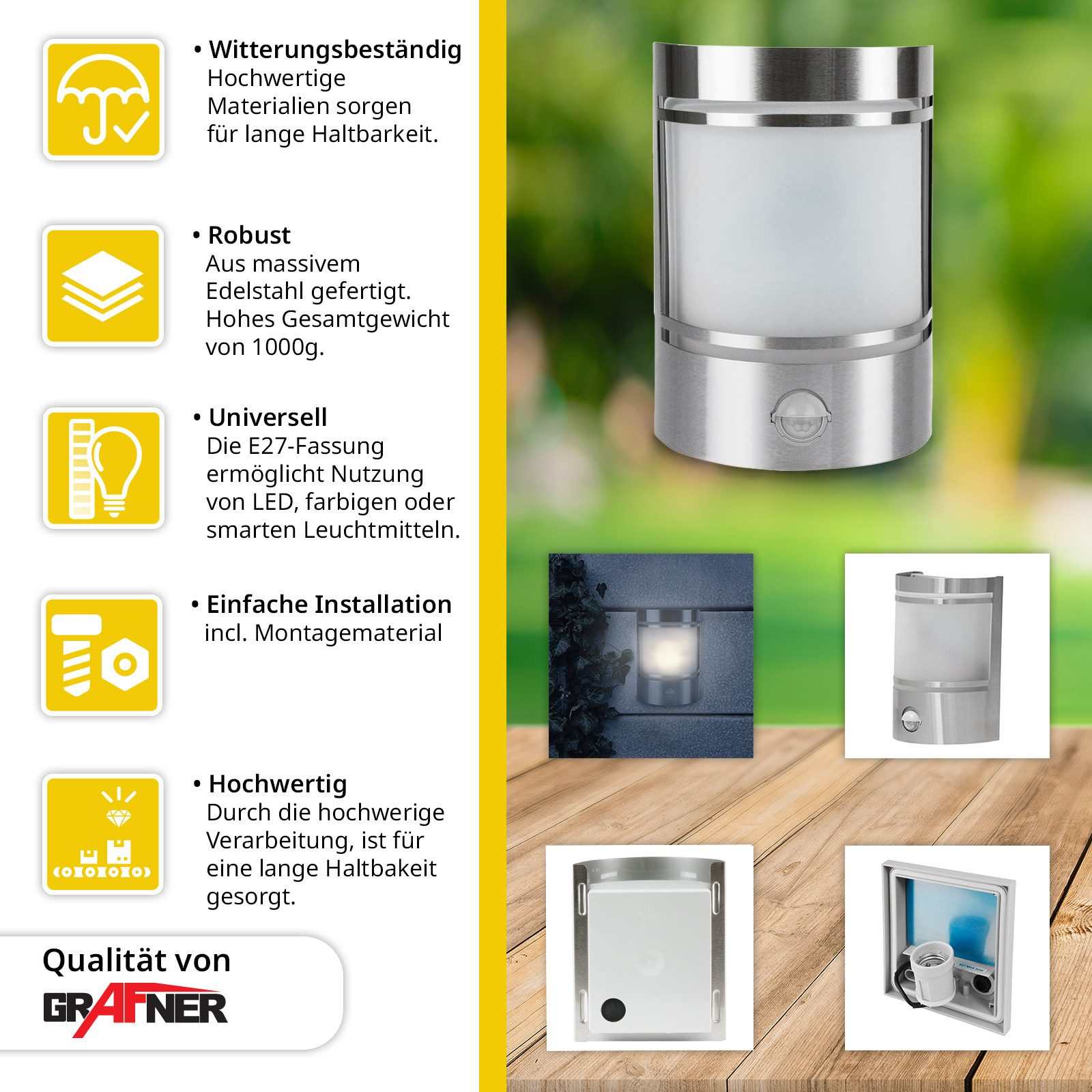 Grafner Außen-Wandleuchte Wandlampe mit Bewegungsmelder Edelstahl mit Beweg günstig online kaufen
