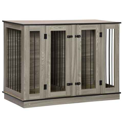 PawHut Hundehütte Haustierkäfig mit herausnehmbarem Trennwand innen Dunkelwalnuss+Eiche, 120B x 60T x 88.5H cm