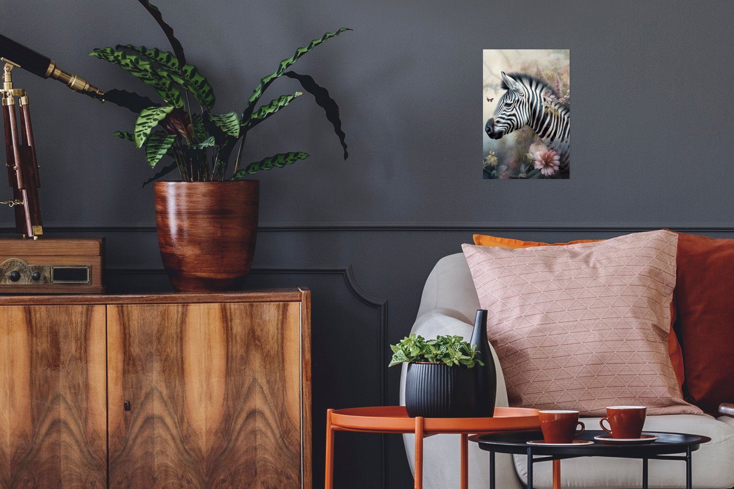 MuchoWow Poster Zebra - Wilde Tiere - Schmetterling - Blumen, (1 St), Poster, Wandbild, Wandposter für Wohnzimmer, Ohne Rahmen