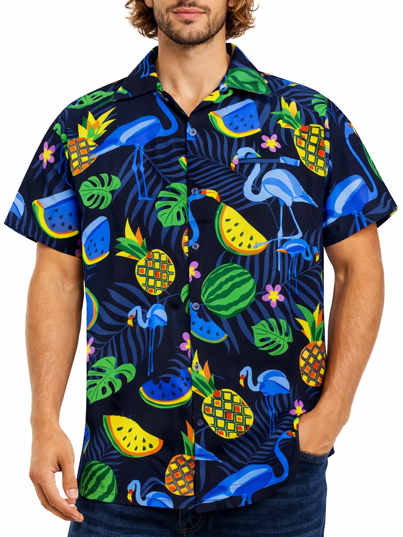 King Kameha Hawaiihemd "Flamingo Melone" Funky Hawaiihemd Herren Kurzarm Fronttasche Stylish