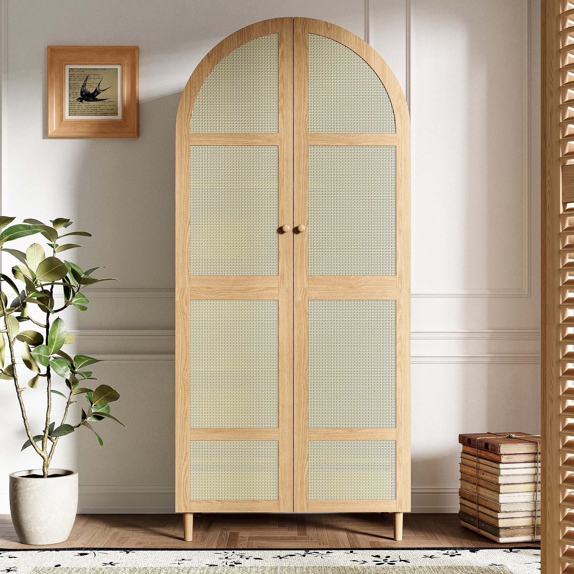 Merax Kleiderschrank mit gebogenen Türen, Rattan-Frontdesign und großem Stauraum (80 L x 50 B x 179 H cm, 1-St) Garderobenschrank Schrank mit Kleiderstange, Abl – Bild 3 von 5