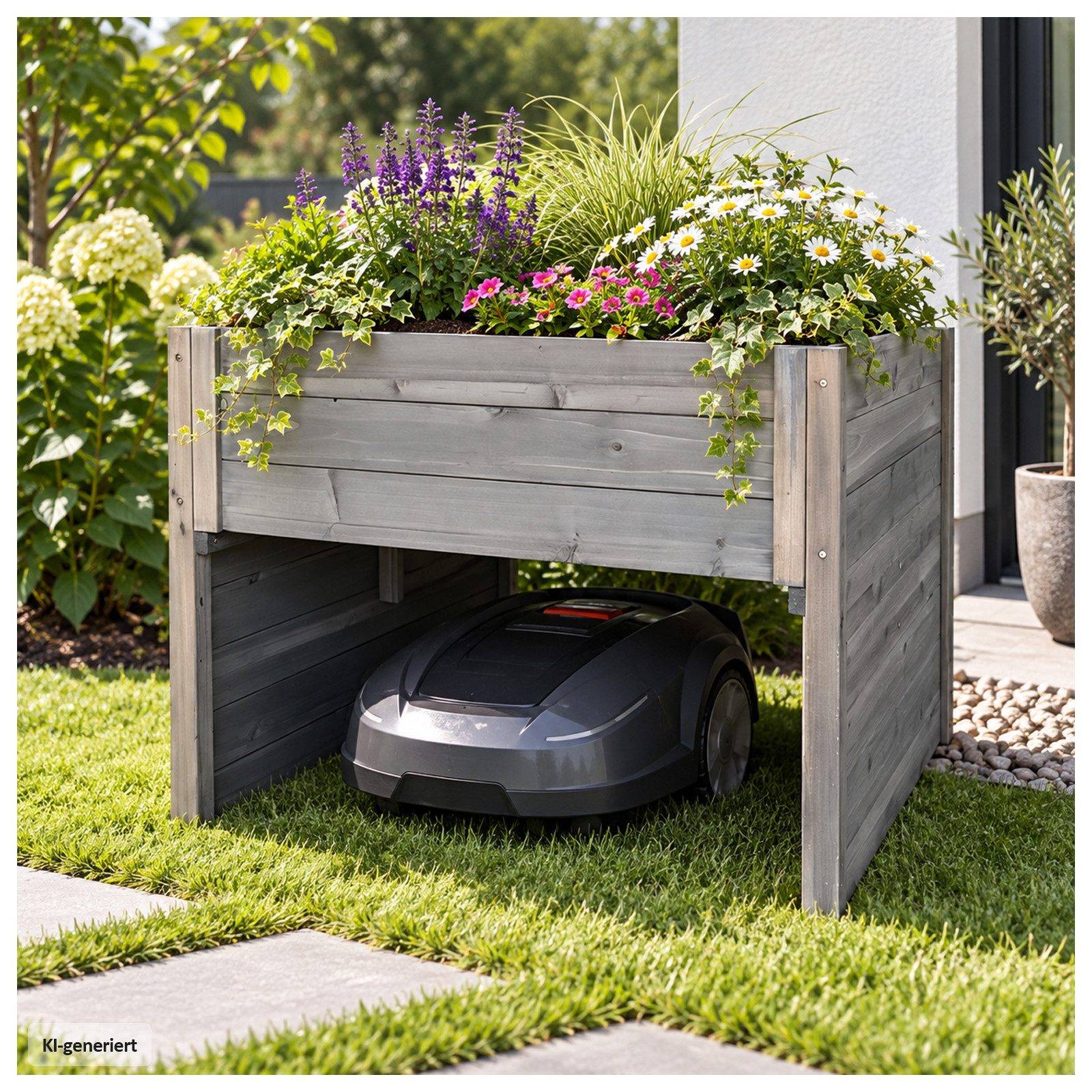 HTI-Living Mähroboter-Garage Rasenmähergarage Bernie aus Fichtenholz mit Pflanzkasten Grau, BxTxH: 73x79x56 cm, (1 Stück, 1-St., 1 Rasenmähergarage inkl. Folie), Unterstand für Mähroboter mit Hochbeet