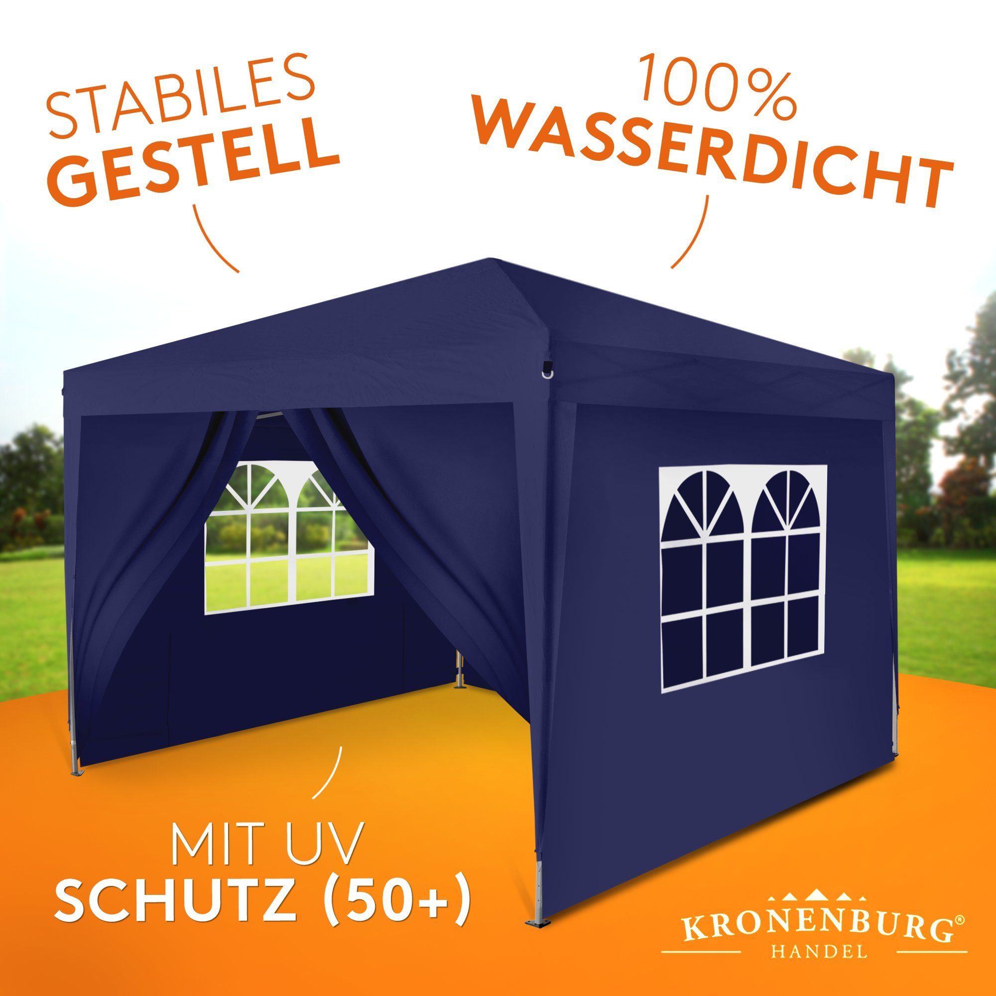 Kronenburg Partyzelt Faltpavillon 2x2 m wasserdicht - Partyzelt stabil, UV-Schutz 50+, mit 4 Seitenteilen, Wetterfester Schutz, Leichter Aufbau, Inklusive Trage – Bild 4 von 5