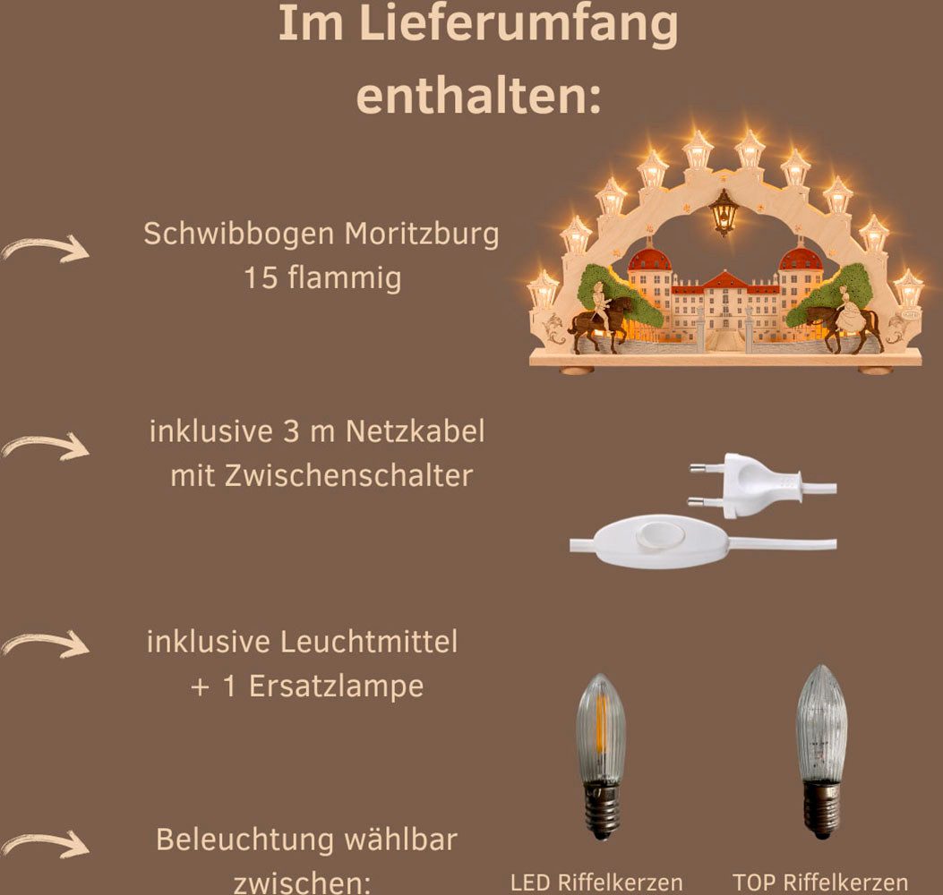 Weigla LED Schwibbogen Moritzburg, Lichterbogen aus Holz, Made in Germany (1-tlg), Erzgebirge garantiert, Weihnachtsdeko Innen, Weihnachtsbeleuchtung