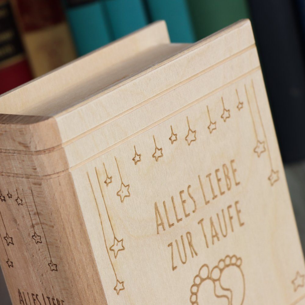 Spruchreif® Spardose Spardose Buch Holz mit Gravur zur Taufe · Motiv Babyfü günstig online kaufen