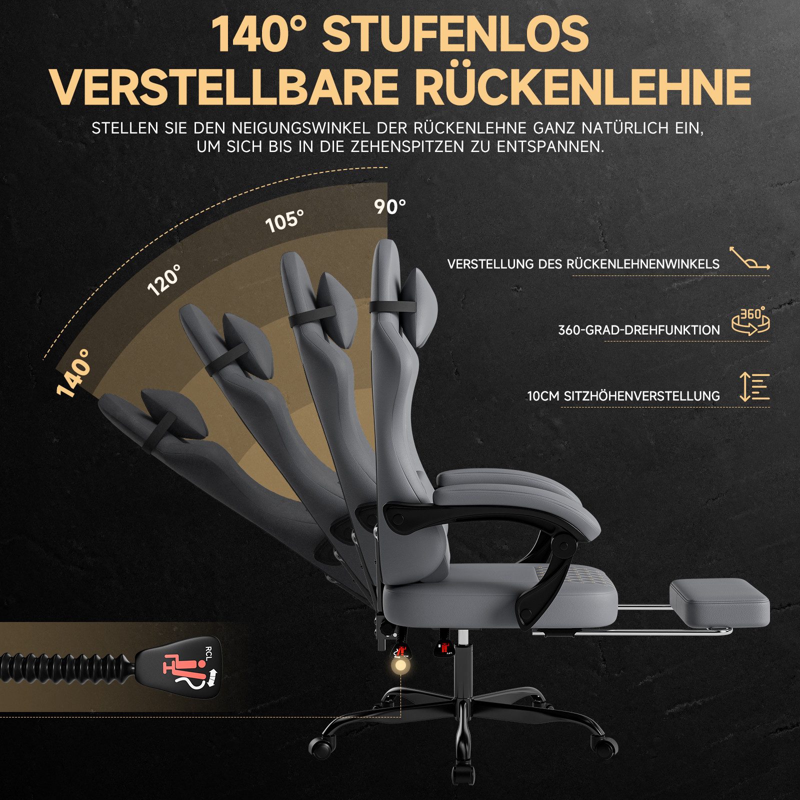 SeedWave Gaming-Stuhl PC Stuhl mit Rückenlehne 140° Neigbar, Fußstütze, Belastbar bis 160 kg, Ergonomisch mit Kopfstütze und Lendenstütze, 49cm Breites Sitzpolster