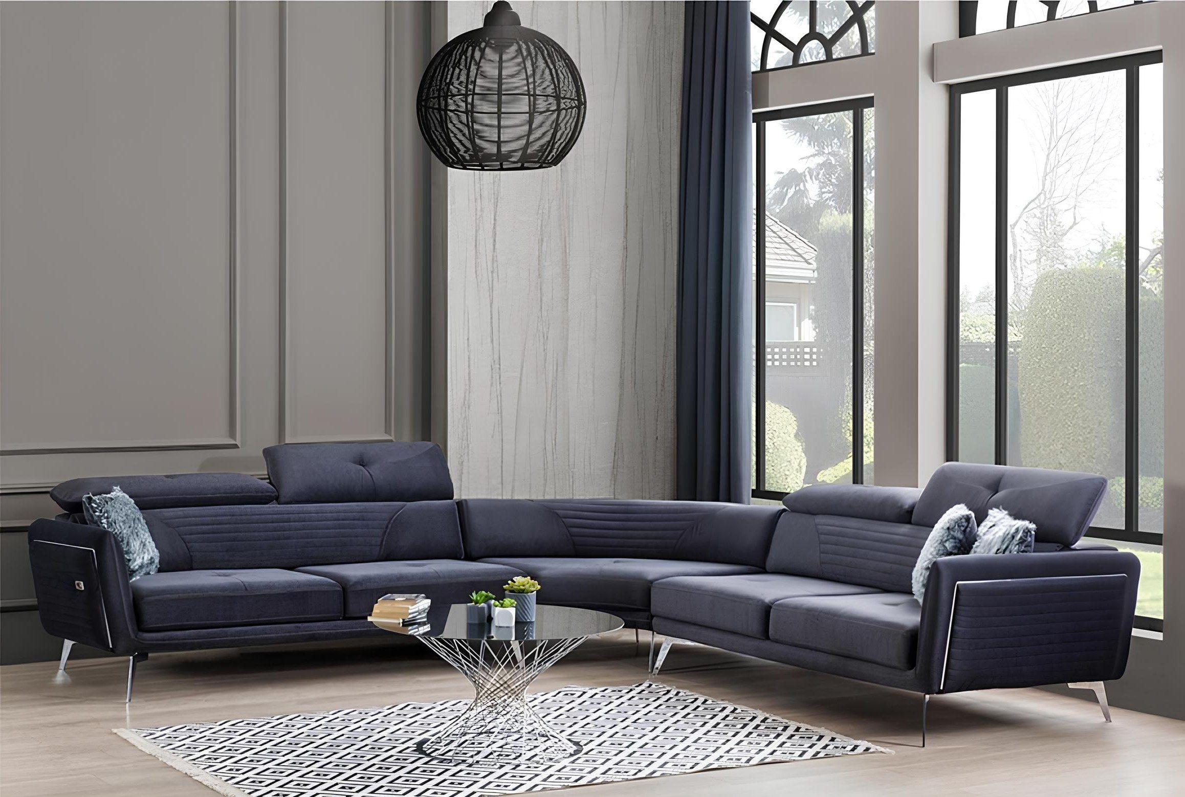 JVmoebel Ecksofa Weiches L-förmiges Sofa in Blau mit Nackenkissen und Edelstahlfüßen, 3 Teile, Made in Europa