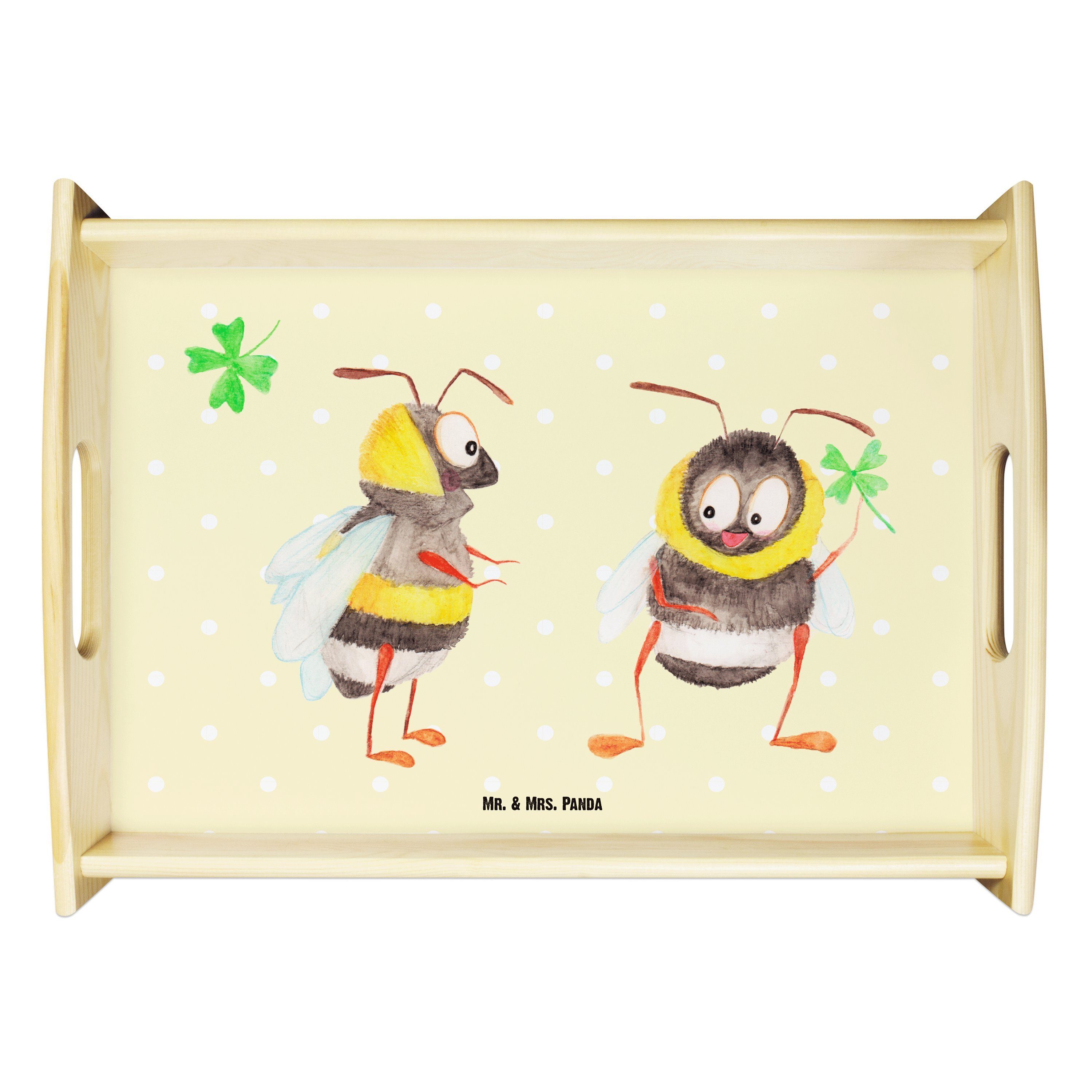 Mr. & Mrs. Panda Tablett Hummeln mit Kleeblatt - Gelb Pastell - Geschenk, glücklich werden, Fr, Echtholz lasiert, (1-tlg)