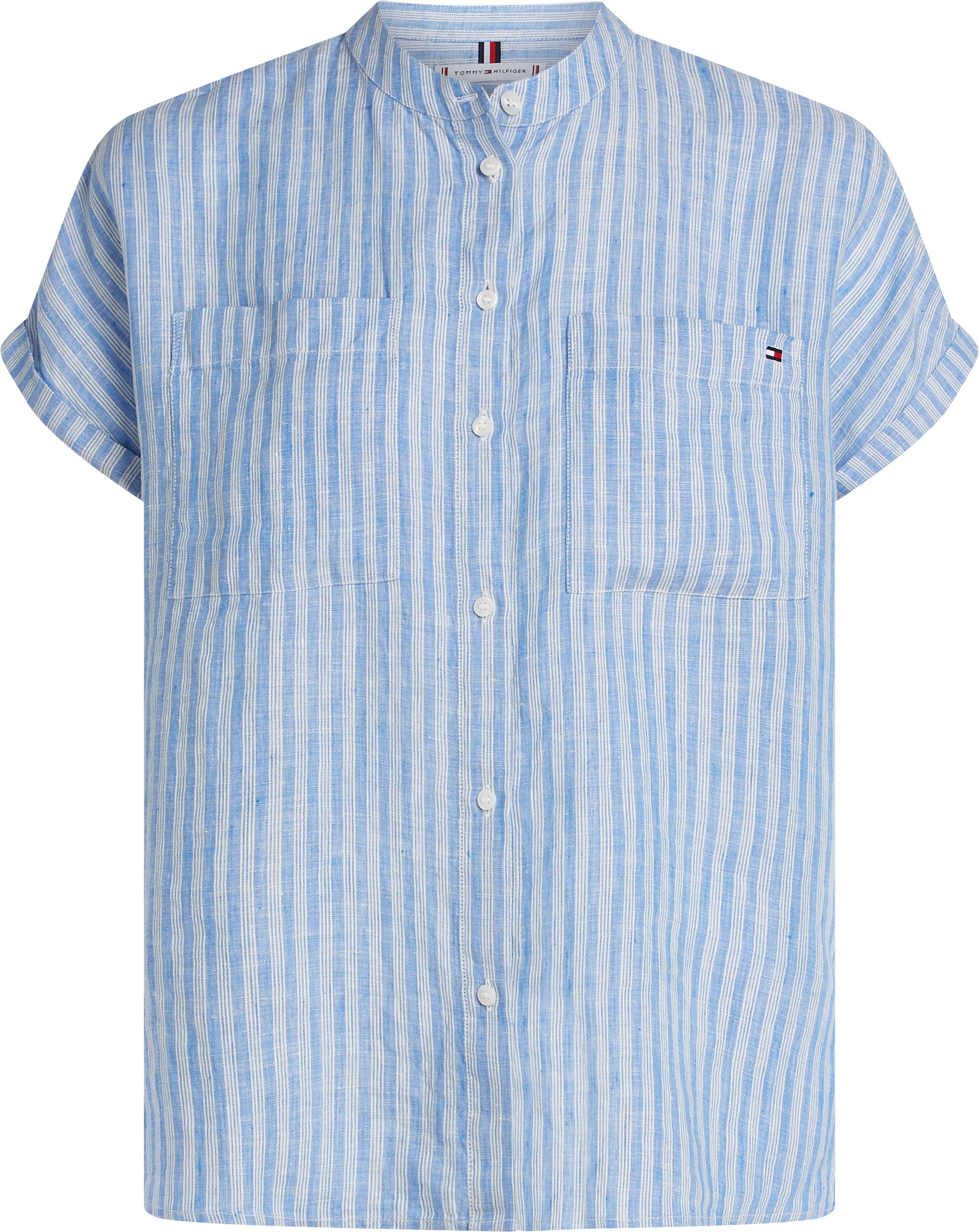 Tommy Hilfiger Kurzarmbluse ESS LINEN COLLARLESS S/S BLOUSE mit Logosticker günstig online kaufen