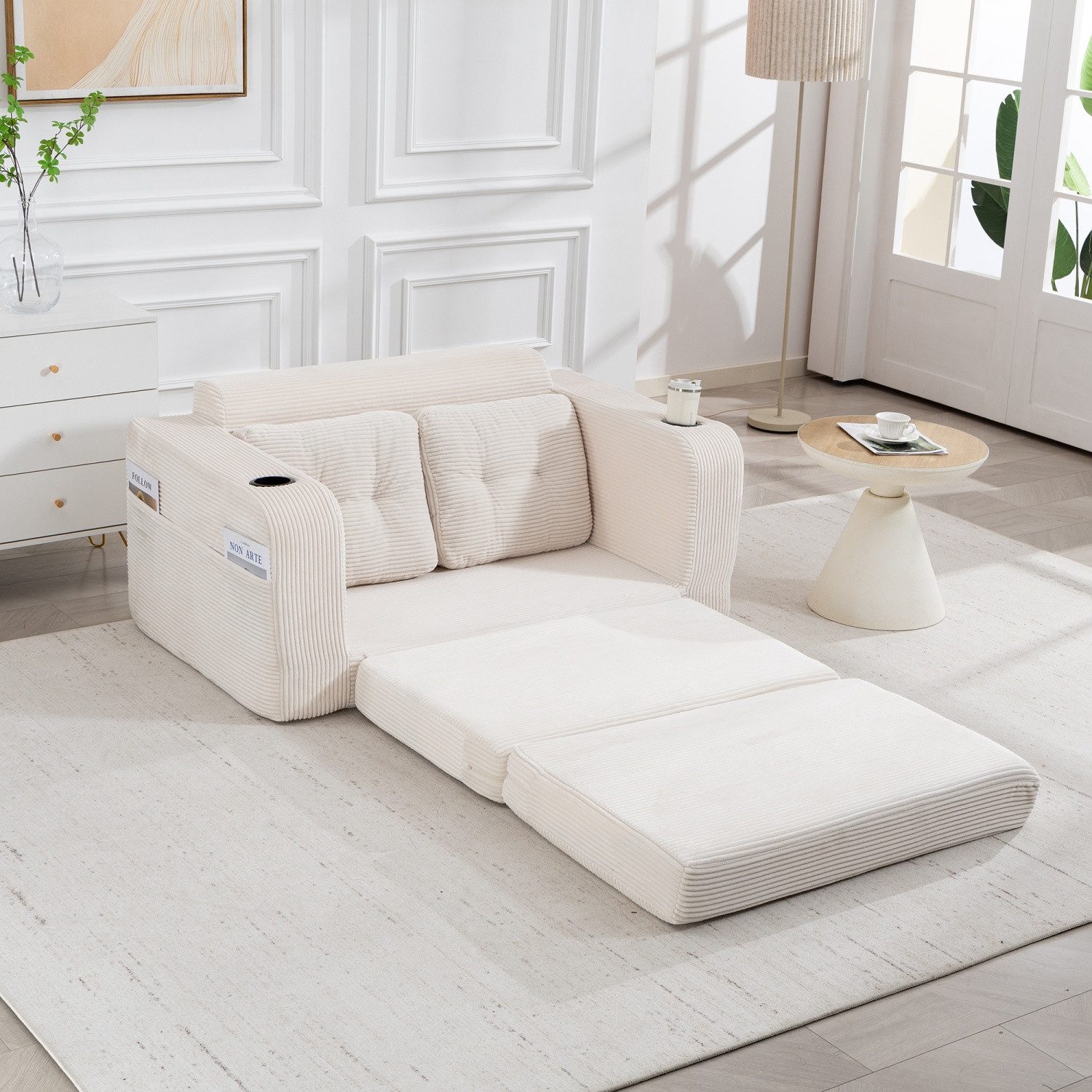ANYSUN 2-Sitzer Schlafsofa Schlafcouch mit Schlaffunktion,umbaubarer Doppel-Sitzsack, Zweisitziges Sofa aus Cordstoff mit Getränkehaltern und Seitentaschen, Logroßes Sitzsack-Sofa,kompaktes Sofa für kleine Räume, Wohnungen
