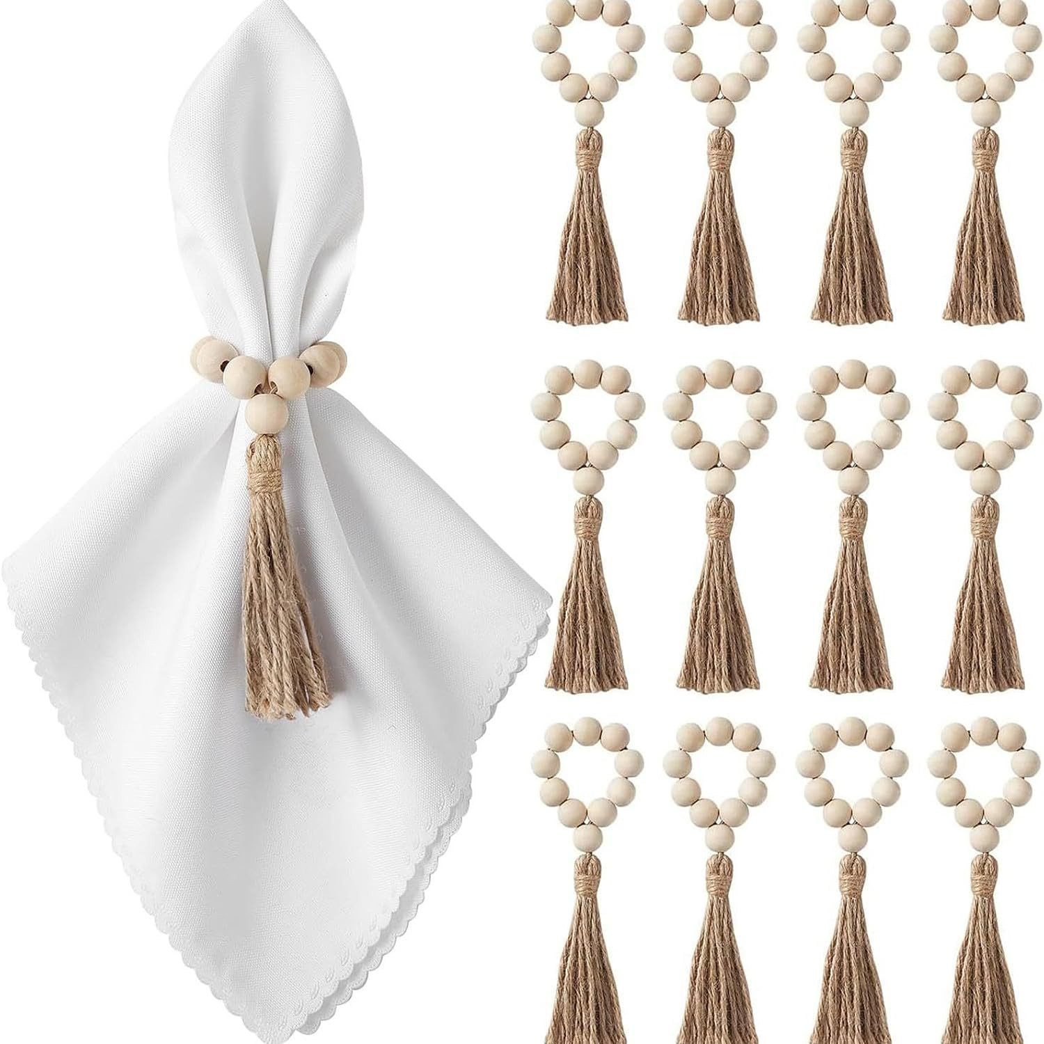 FELIXLEO Serviettenring 12x Holzperlen Serviettenringe Boho Jute Deko, (1-tlg)