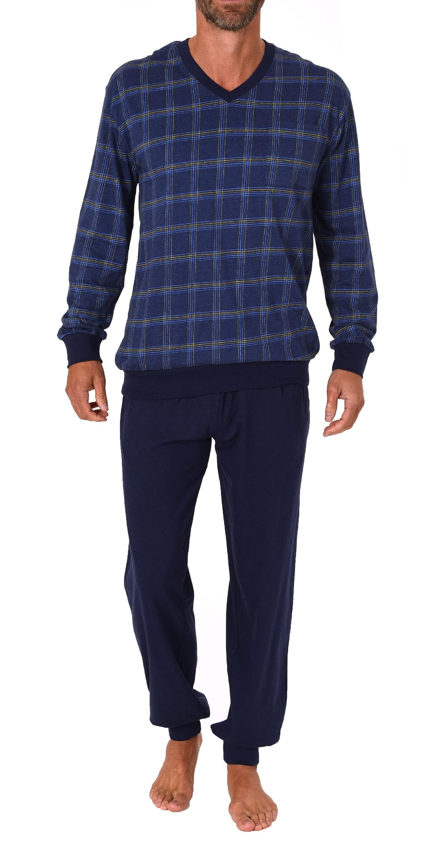 Pyjama Herren Schlafanzug langarm Pyjama mit Bündchen und karierten Oberteil