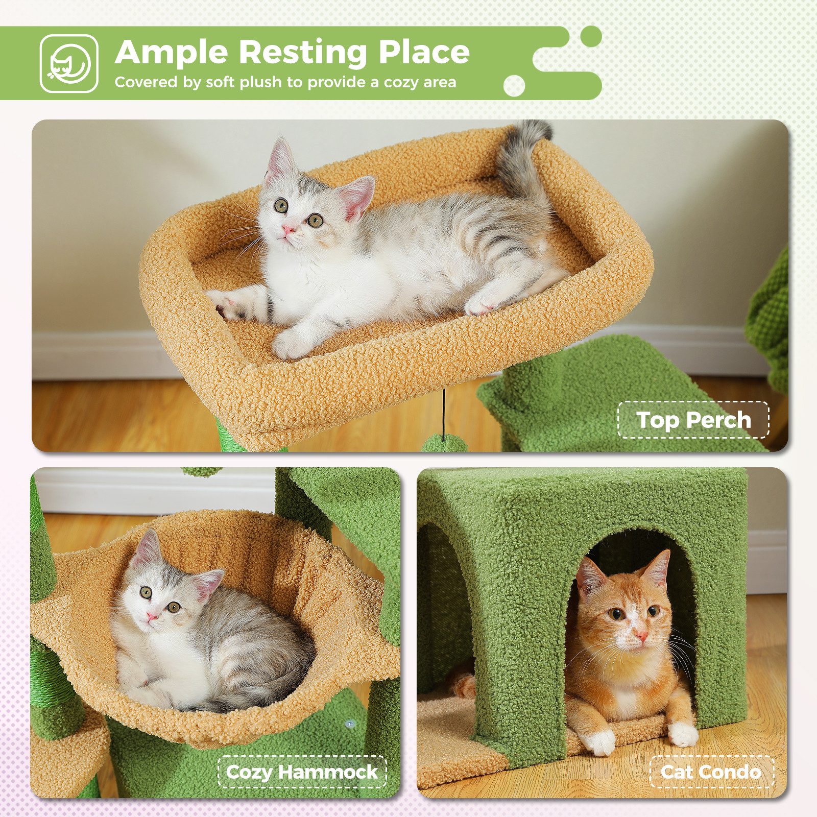 PAWZ Road Kratzbaum Kaktus-Katzenbaum für Hauskatzen 90 cm, mit großer Höhle, 1 Sisalbrett, 3 Kratzstämme, Hängematte
