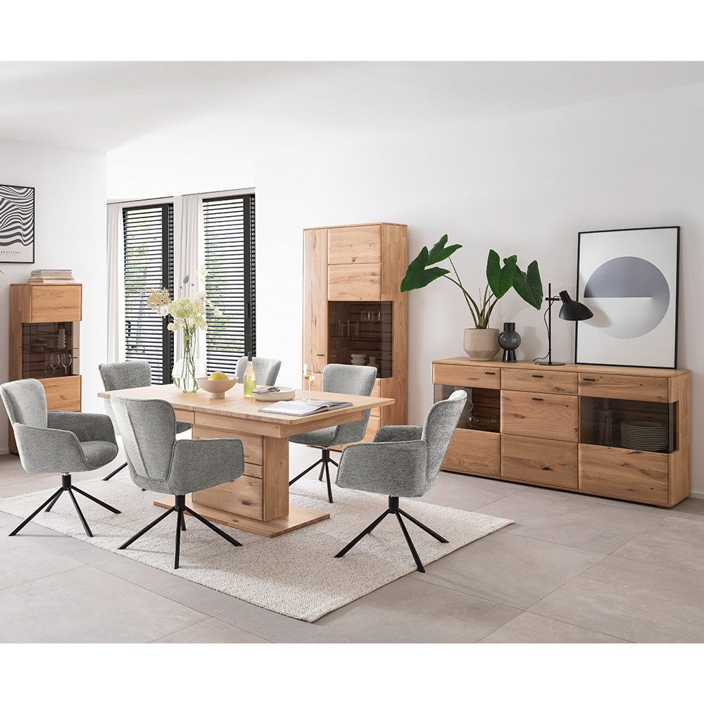 Lomadox Esszimmer-Set GALWAY-05, (Spar-Set, 4-St., Highboard Vitrine Sideboard Esstisch), Esszimmermöbel, Eiche massiv geölt, Tisch ausziehbar 180/230cm