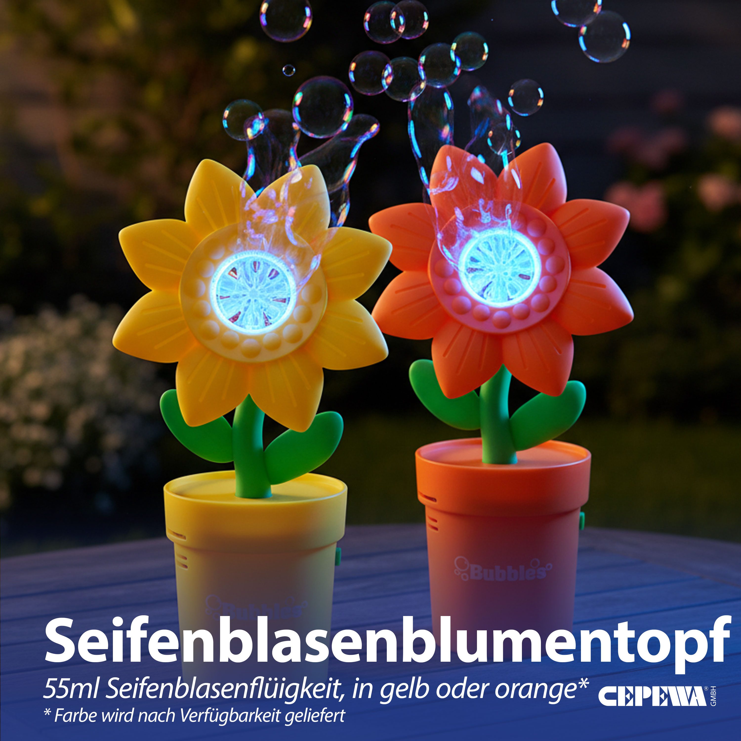CEPEWA Seifenblasenstab Seifenblasen Blumentopf gelb orange 13,5x31x15cm PP 55ml LED blau