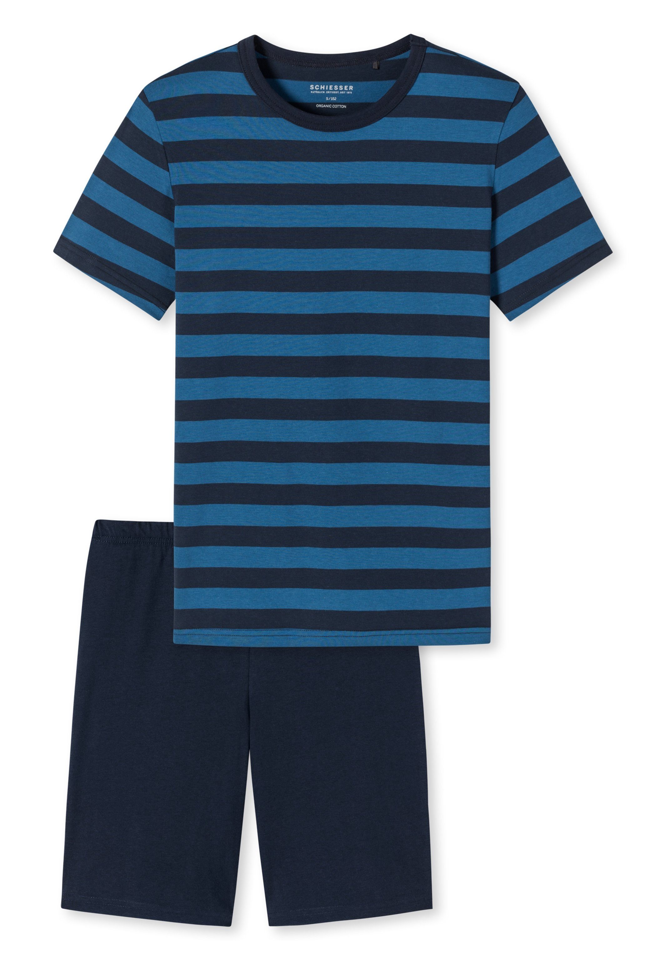 2 Kurzarm Kurz (Set, Baumwolle Schlafanzug mit - Teens Boys Streifen-Muster Shirt Pyjama tlg) blau Schiesser -