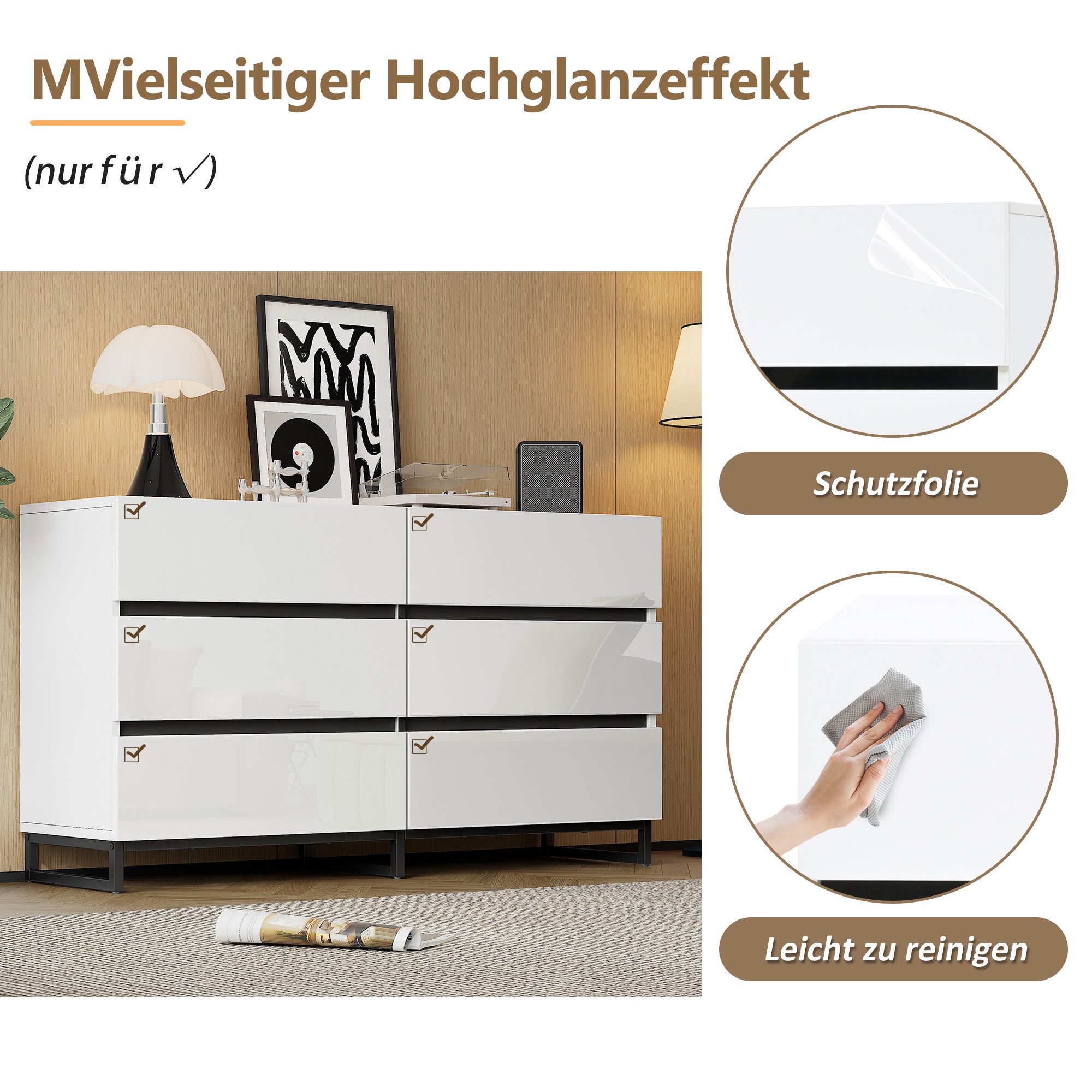 Merax Sideboard hochglanz Wohnzimmerschrank in Weiß-Schwarz (1 St., Anrichte Buffetschrank), Kommode mit 6 Schubladen, Metallbeine & Stauraum, 140x39,5x78,5cm – Bild 4 von 5