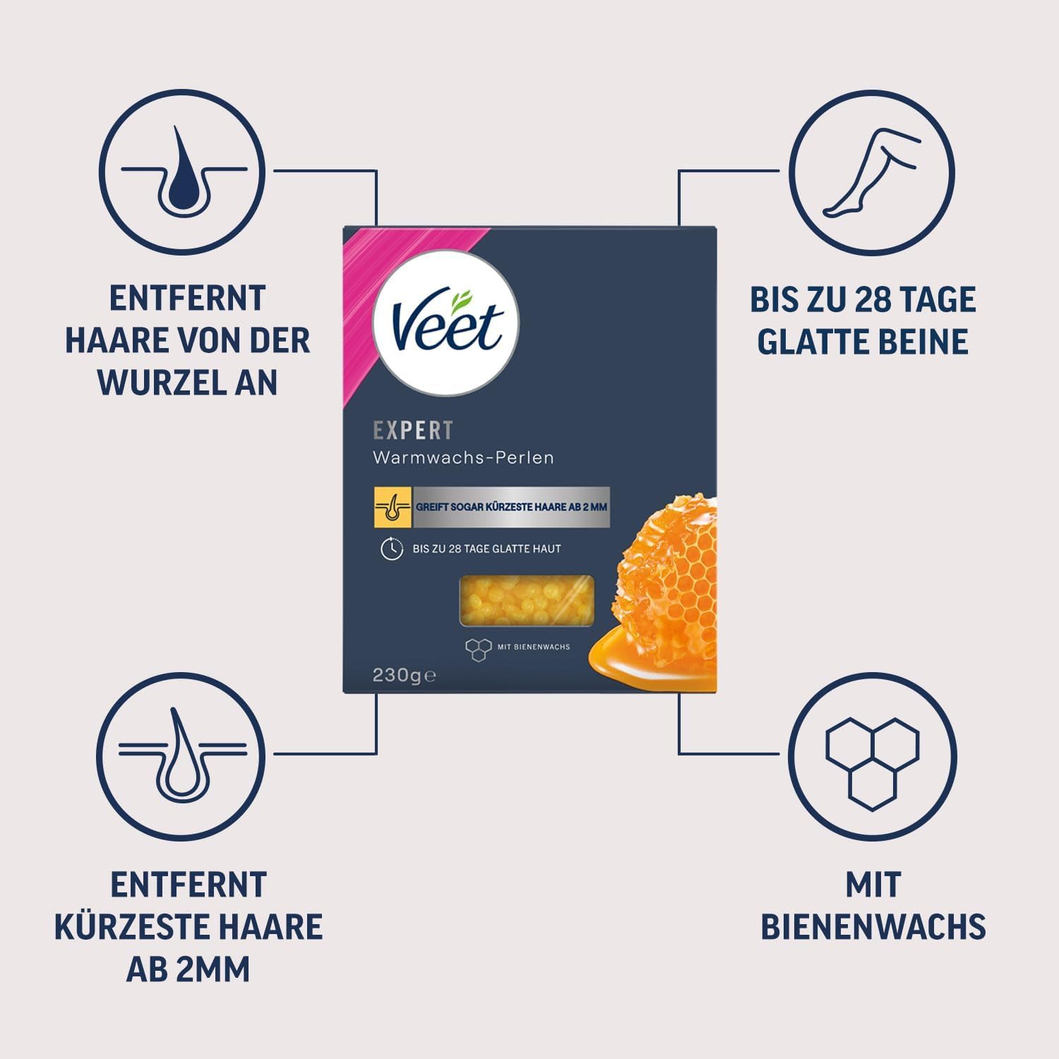Veet Enthaarungswachs Expert Warmwachs-Perlen 230g für Arme, Beine, Achseln & Bikinizone, Für Anwendung mit elektrischen Warmwachsgeräten, mit Bienenwachs & Holzspatel