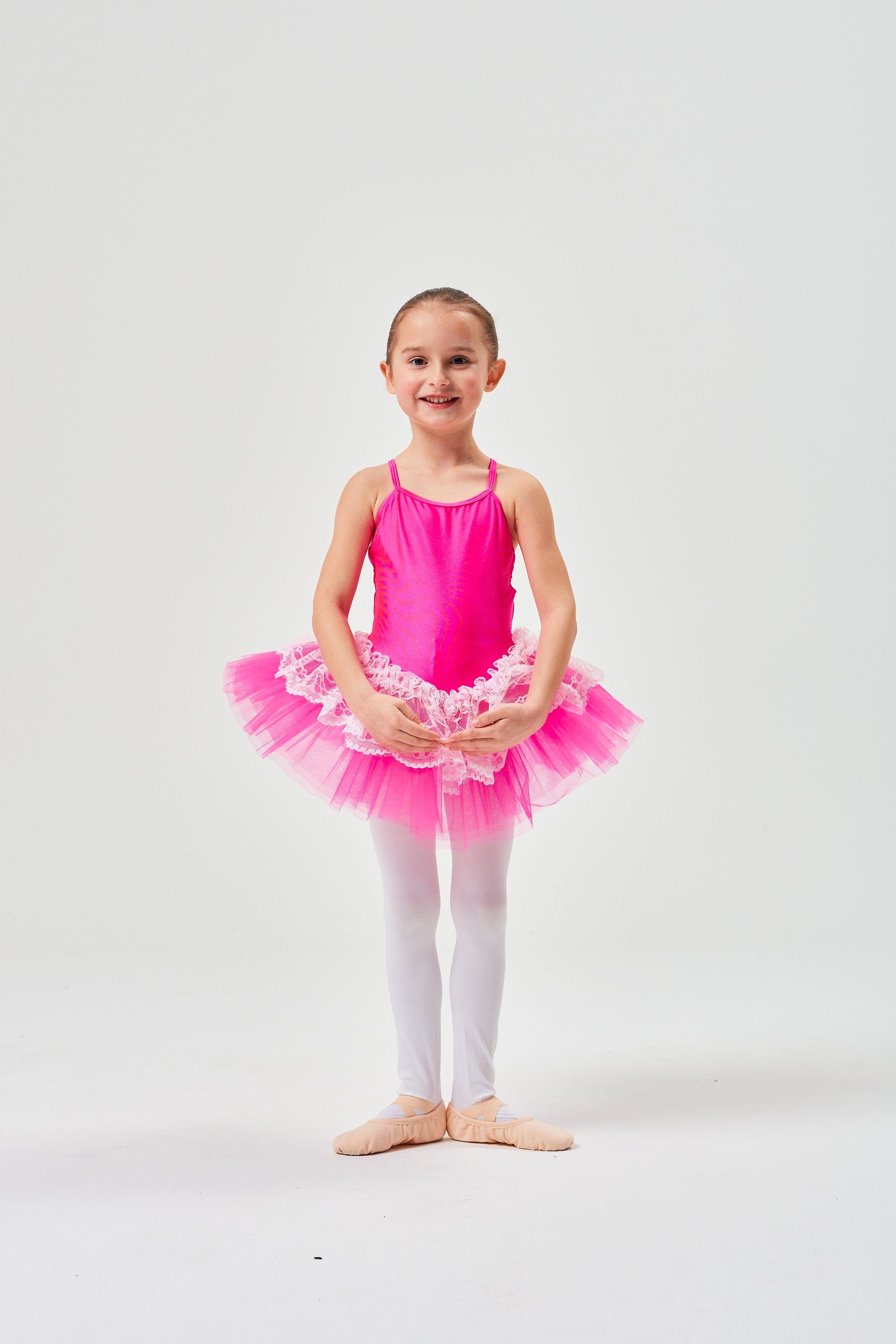 tanzmuster Tüllkleid Ballett Tutu Tüllrock für Spitze glänzendem mit Lycra, aus Ballettkleid Antonia Spaghettiträgern pink mit Mädchen