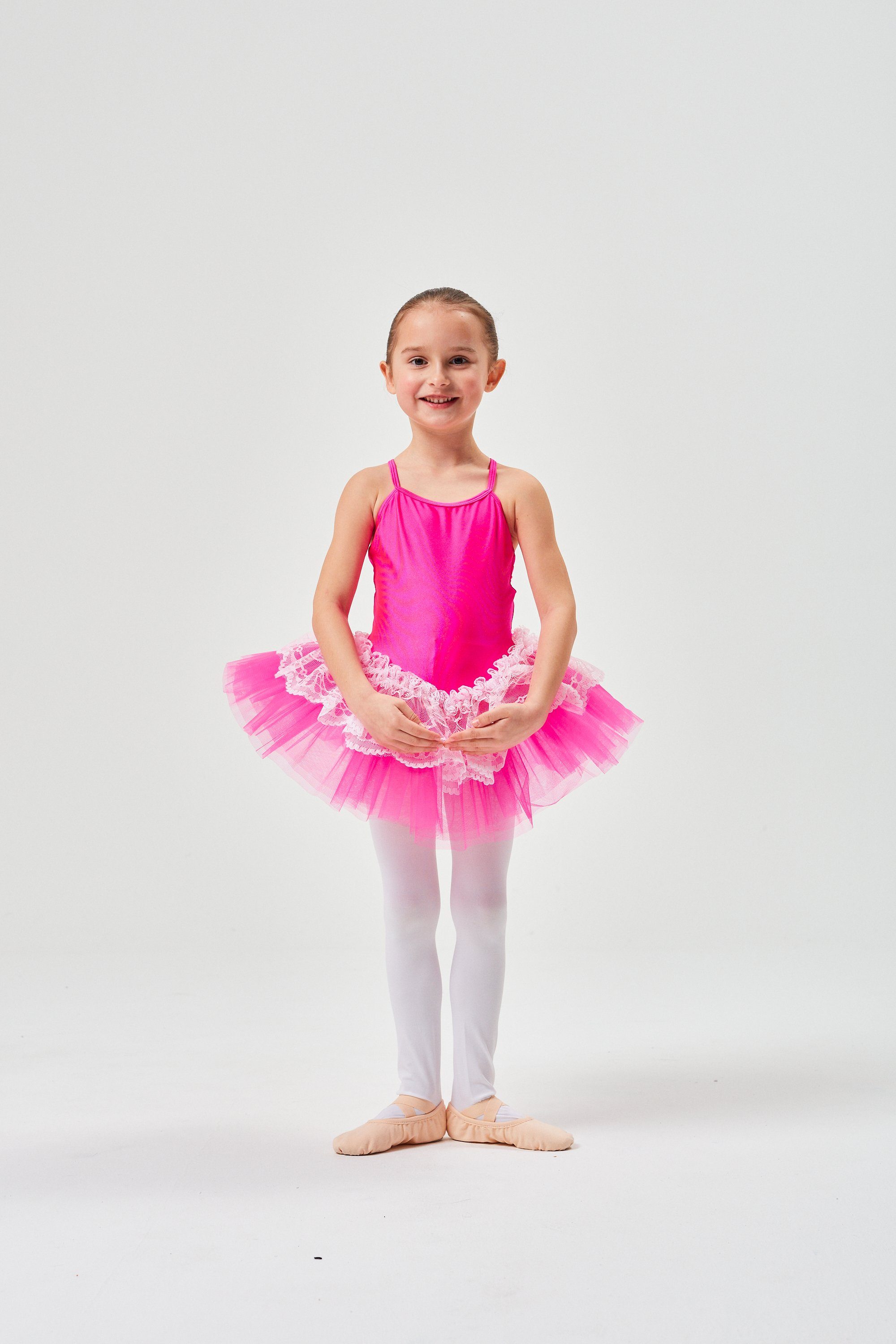 tanzmuster Tüllkleid Ballett Tutu Antonia mit Spaghettiträgern Ballettkleid für Mädchen aus glänzendem Lycra, Tüllrock mit Spitze – Bild 3 von 5