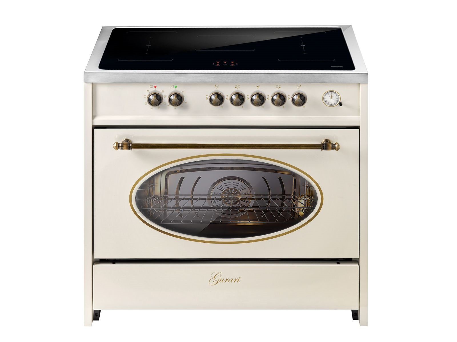 GURARI Induktions-Standherd Retro Range Cooker 90 cm, FLEX ZONEN, Booster, 5 Zonen, 121L E 913 RU CR.., mit 1-fach-Teleskopauszug