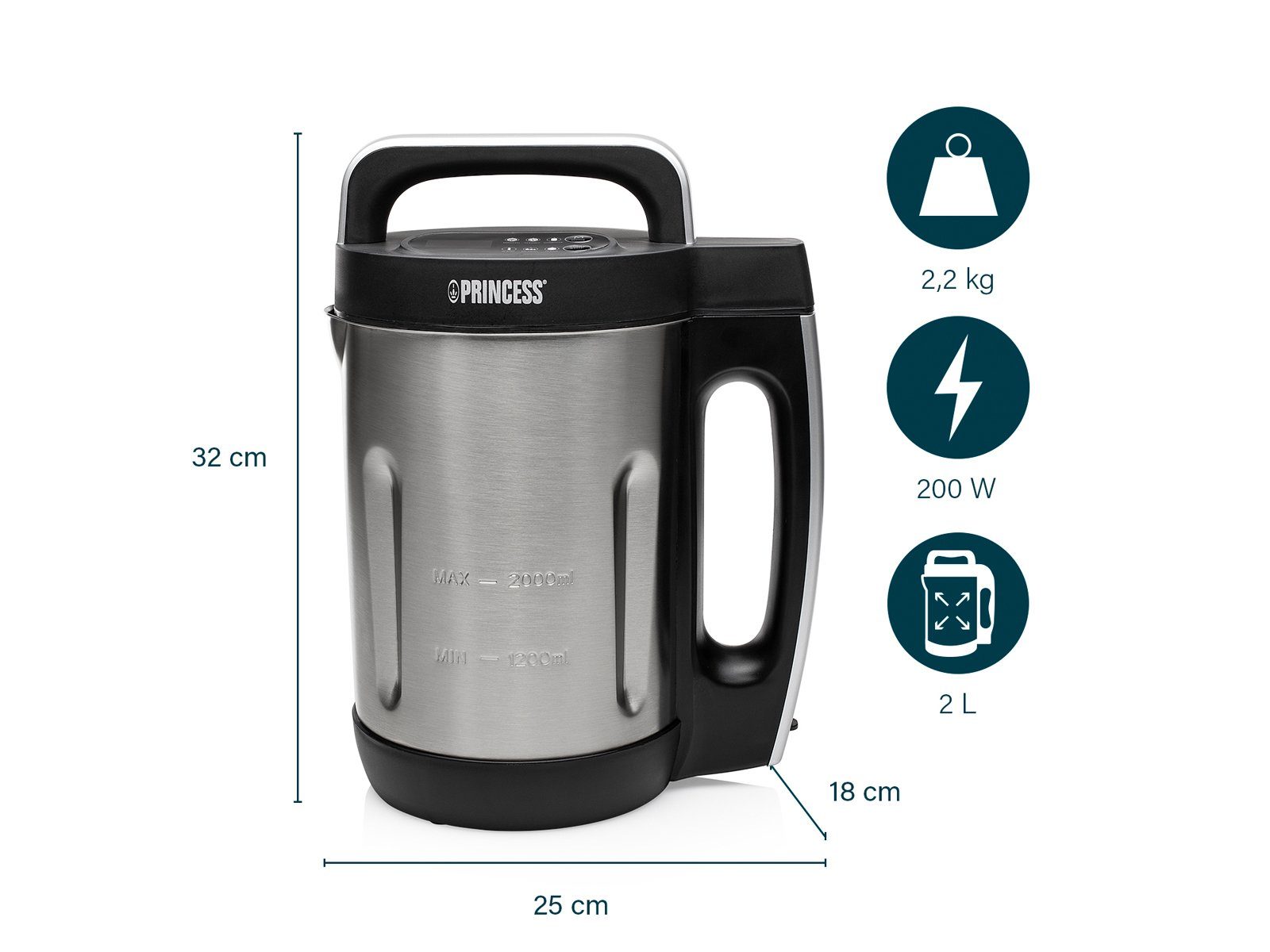 PRINCESS Multikocher, 1000 W, Digitaler Suppenkocher Standmixer Smoothiemaker Thermokocher Edelstahl