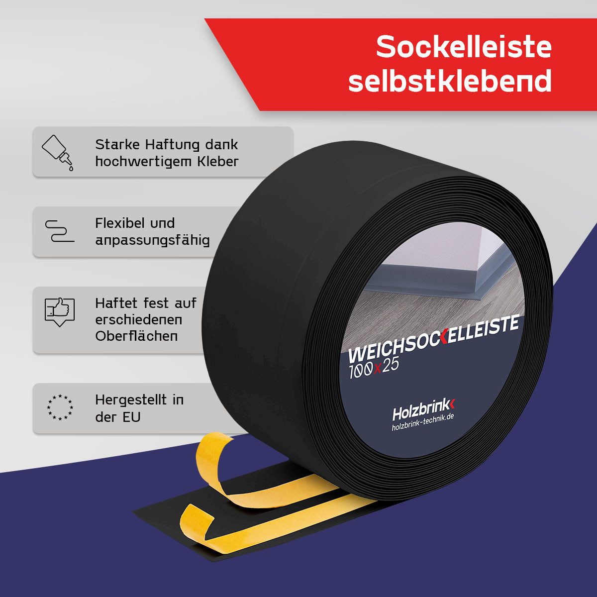 HOLZBRINK Sockelleiste PVC Weichsockelleiste selbstklebend 100x25mm Schwarz, L: 500 cm, 5m Rolle, Küchenabschlussleiste Arbeitsplatte, Fensterleiste, Fensterabdichtung