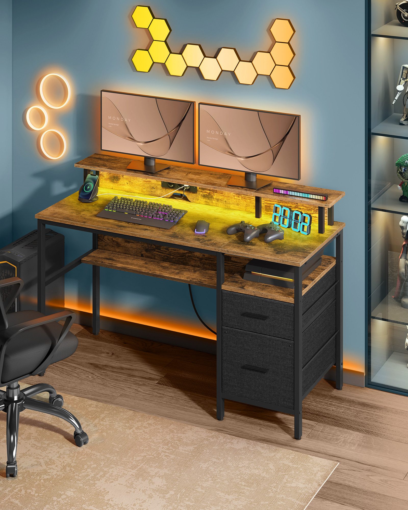 VASAGLE Schreibtisch Computertisch, mit LED-Beleuchtung, eingebaute Steckdo günstig online kaufen