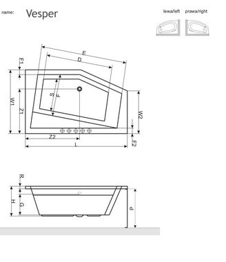 SPAVIDA® Whirlpool-Badewanne Vesper Whirlsystem Excellent 160x100cm 18 Düsen, 3 Massage Intensitätsstufen, 3 Farblicht Programme, Super Flat Düsen