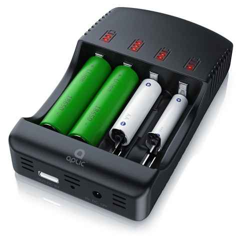 Aplic Batterie-Ladegerät (2000 mA, Universal Akku Ladegerät mit USB Powerbankfunktion, 4x Aufladeschächte)