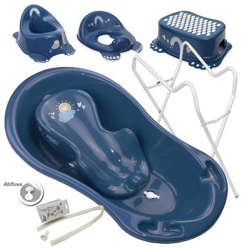 Tega-Baby Babybadewanne 6 Teile SET AB- METEO Blau + Ständer Weiß -Abflussset Babybadeset, (Made in Europe Premium.set), Wanne + Sitz + Töpfchen + WC Aufsatz + Hocker + Ablauf Set+ Ständer