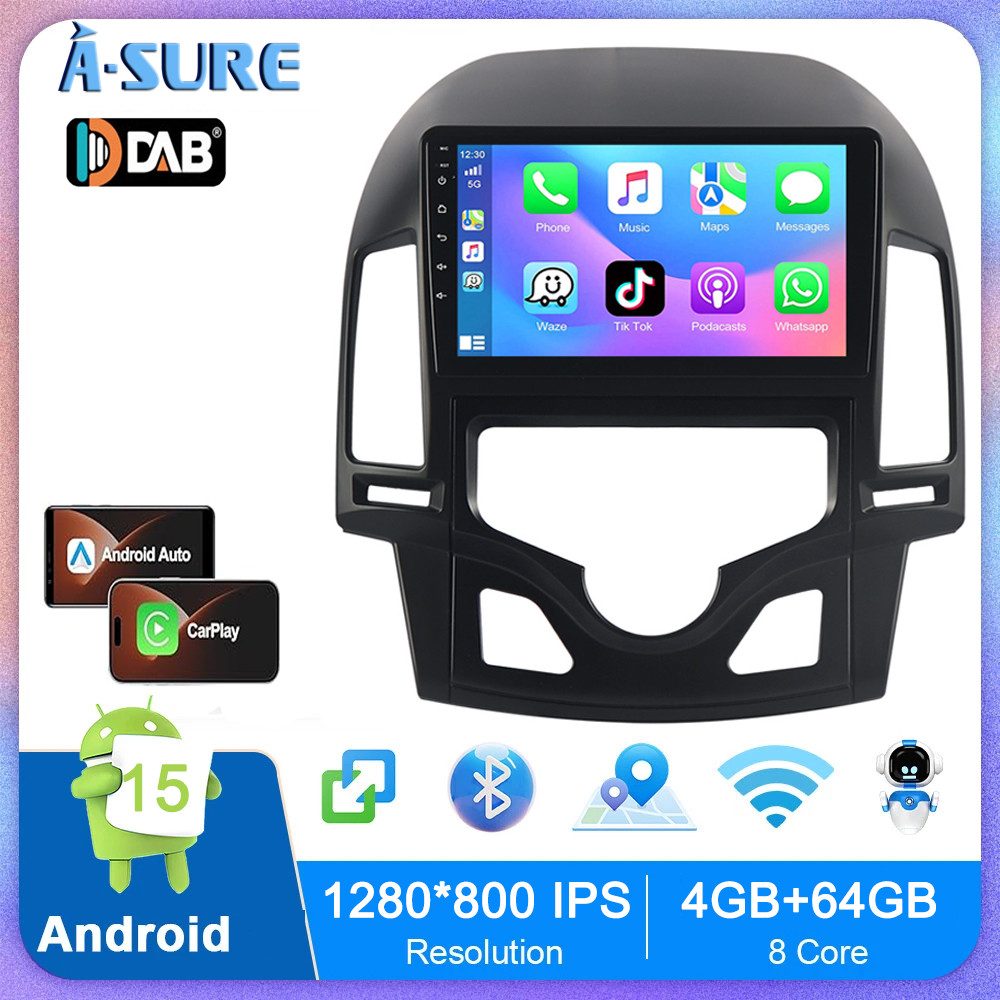 A-Sure 9Zoll Wireless Carplay Android 15 Für FM BT Hyundai i30 MK1 FD 2006-11 Autoradio (Digitalradio (DAB), 8-Core CPU, RDS, DSP, GPS, SWC, Navi, UI Theme, Siri, Mirrorlink, Google play, Netflix, Youtube, Calendar, TikTok)