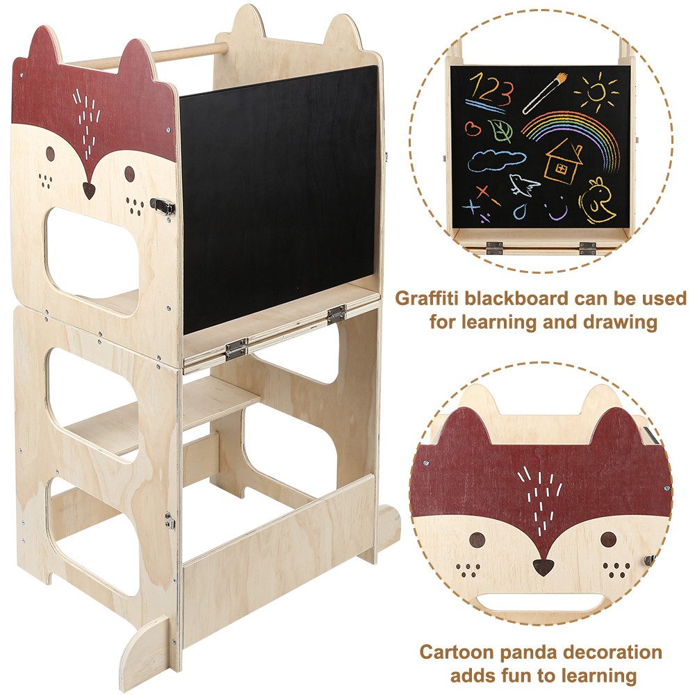JEOBEST Stehhilfe Kleinkindturm, Lernturm, Stehturm, 3-in-1-Küchenhocker, (1 St, Holz, Klappbar) Helfer mit Kreidetafel