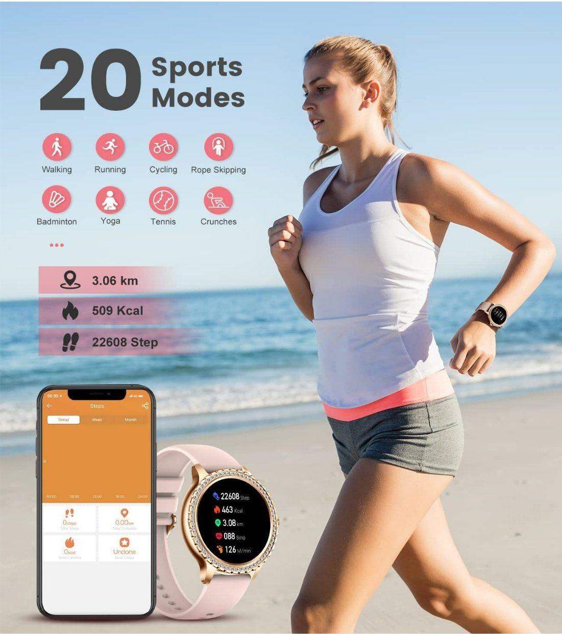 Rund Android Watch Lige Wasserdicht Smartwatch, Smart Telefonfunktion Damen Mit iOS