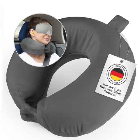 Blumtal Reisekissen Memory Foam - Nackenkissen mit waschbarem Bezug, ideal für's Flugzeug, Zug, Auto, Camping oder Zuhause, inkl. Schlafmaske & Ohrstöpsel - Travel Essentials