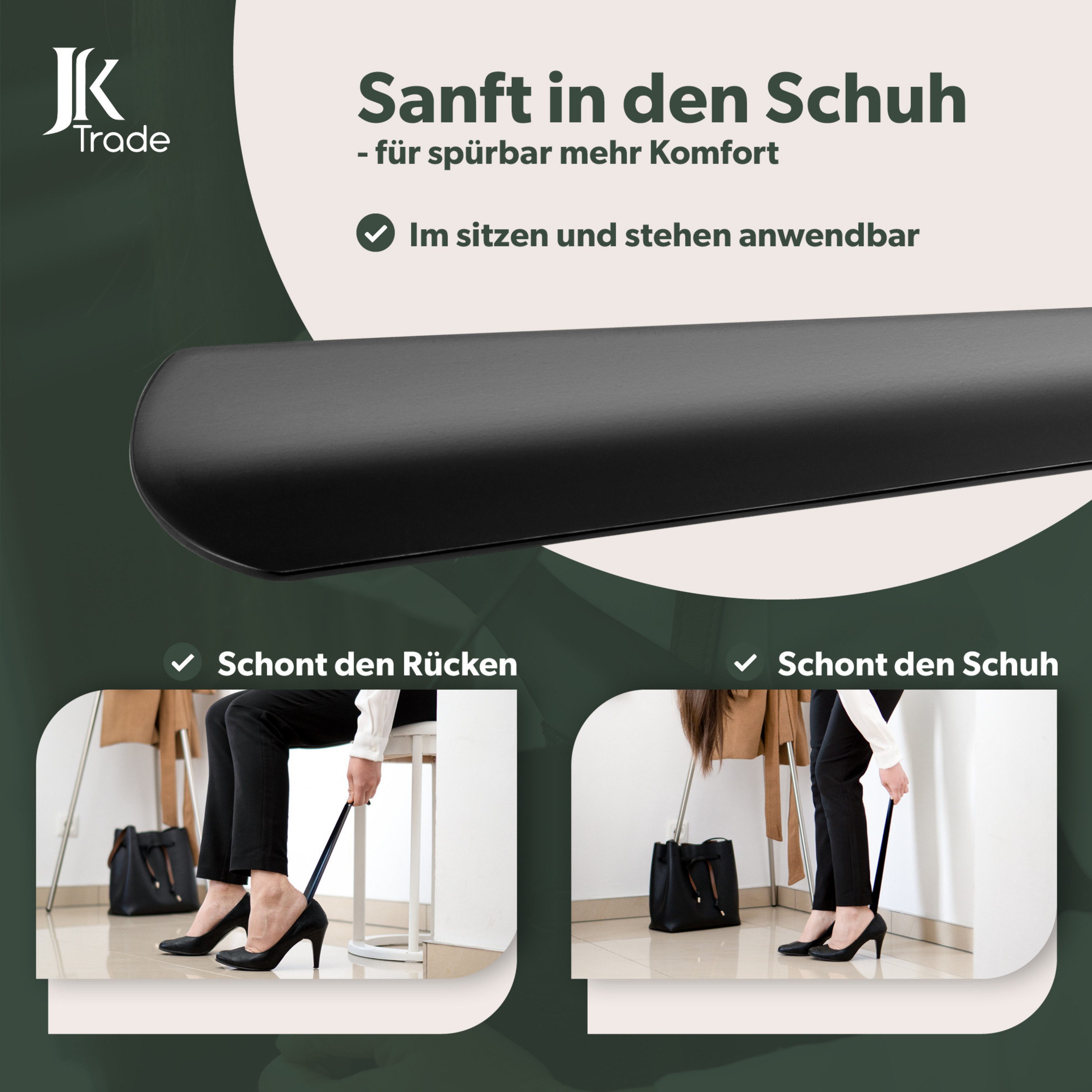 JK Trade Schuhlöffel 72cm Edelstahl Schwarz pulverbeschichtet (1-tlg., extra lang & stabil), Metall Schuhanzieher lang zum Stehen, Aufhängbar, 2mm Extra Stabil – Bild 4 von 5