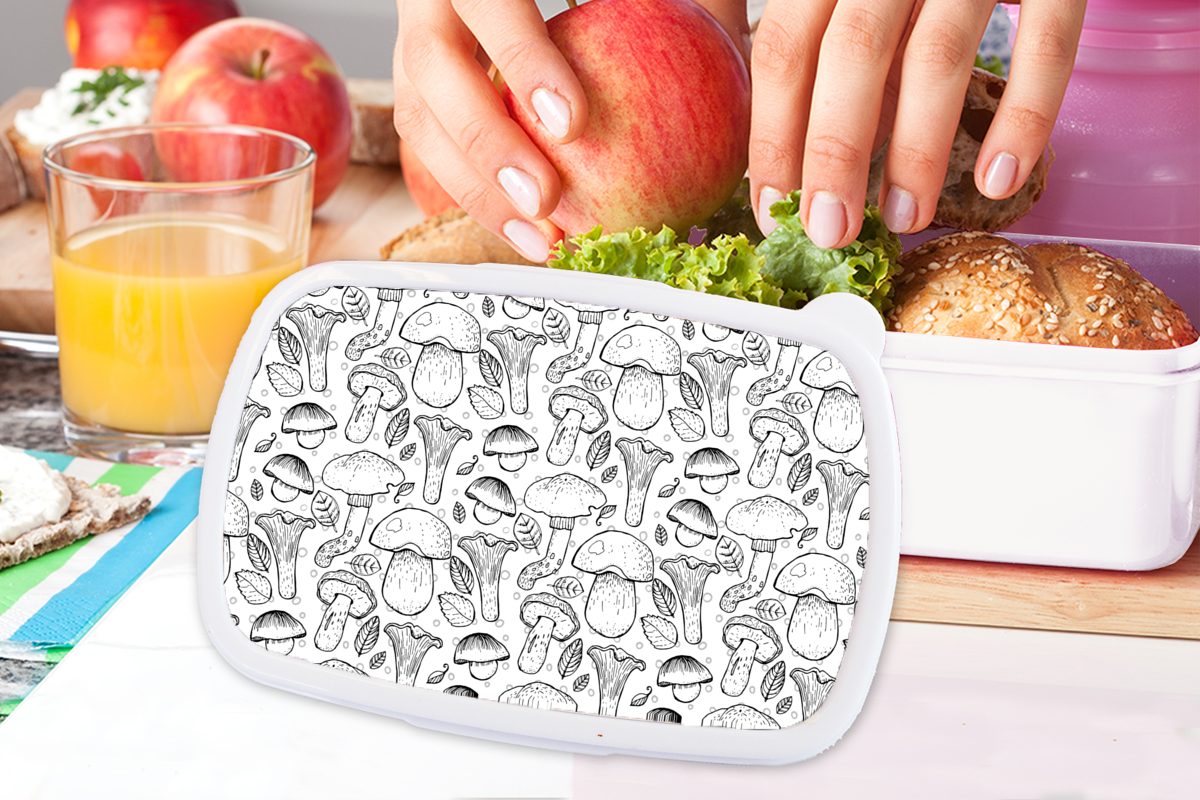 MuchoWow Lunchbox Pilz - Schwarz Erwachsene, Kunststoff, und und Jungs und - Brotbox für Muster, für weiß (2-tlg), Kinder Mädchen Brotdose