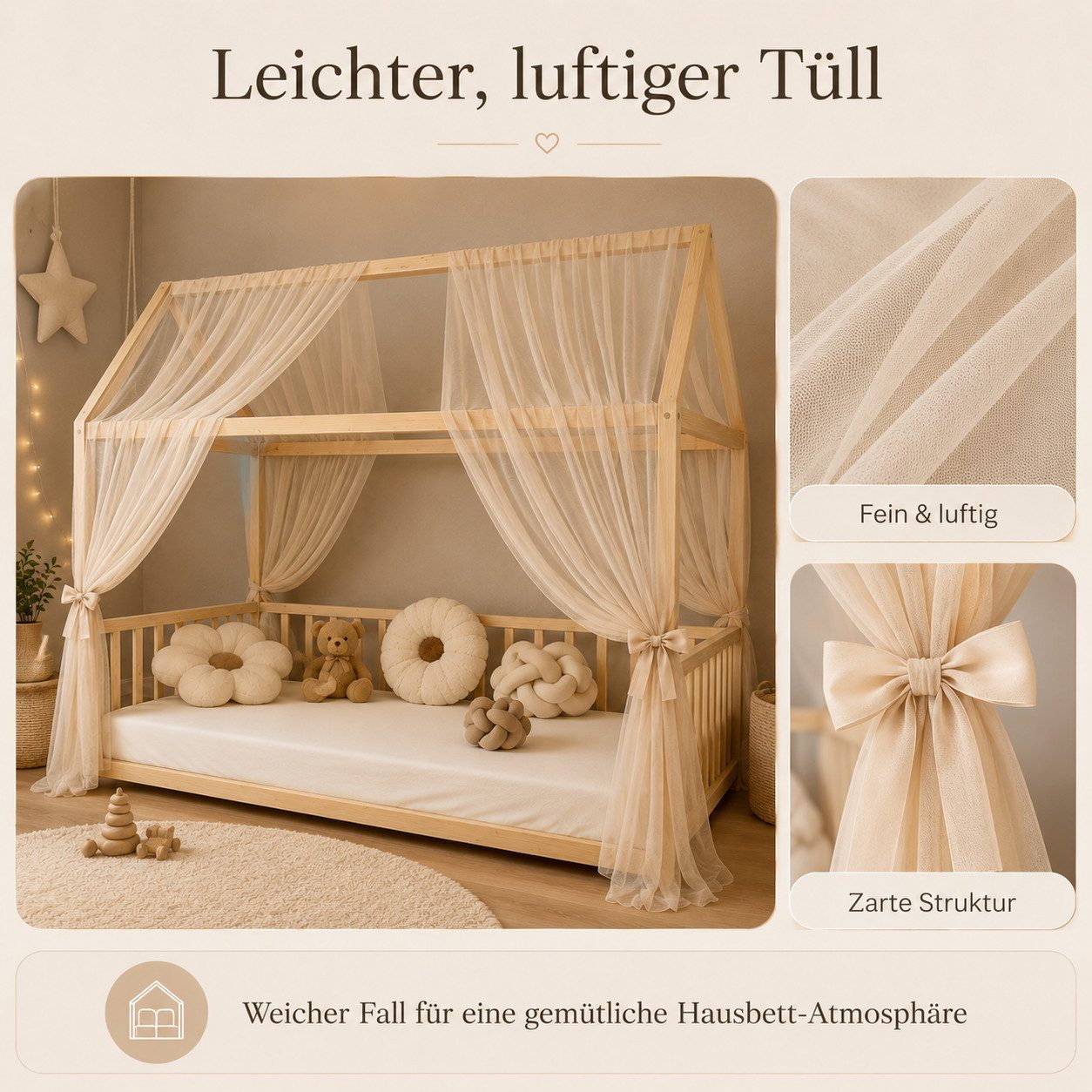 Baby Fancyroom Betthimmel Hausbett Himmel Premium Tüll, Baldachin für Kinderbett Mädchenzimmer, 2-teilig, mit 4 Schleifen, Premium Tüll