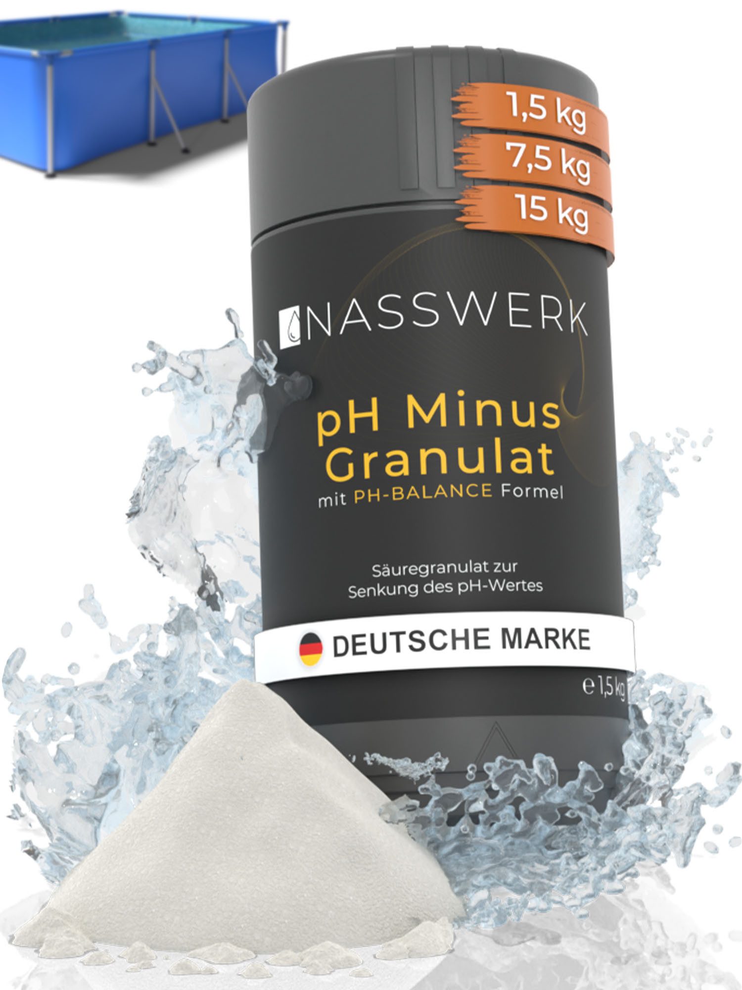 Nasswerk® Poolpflege pH Minus & pH Plus Granulat Pool Whirlpool, (Poolchemie pH Regulierung, PH-BALANCE Formel schnell löslich), pH Senker 1,5 kg