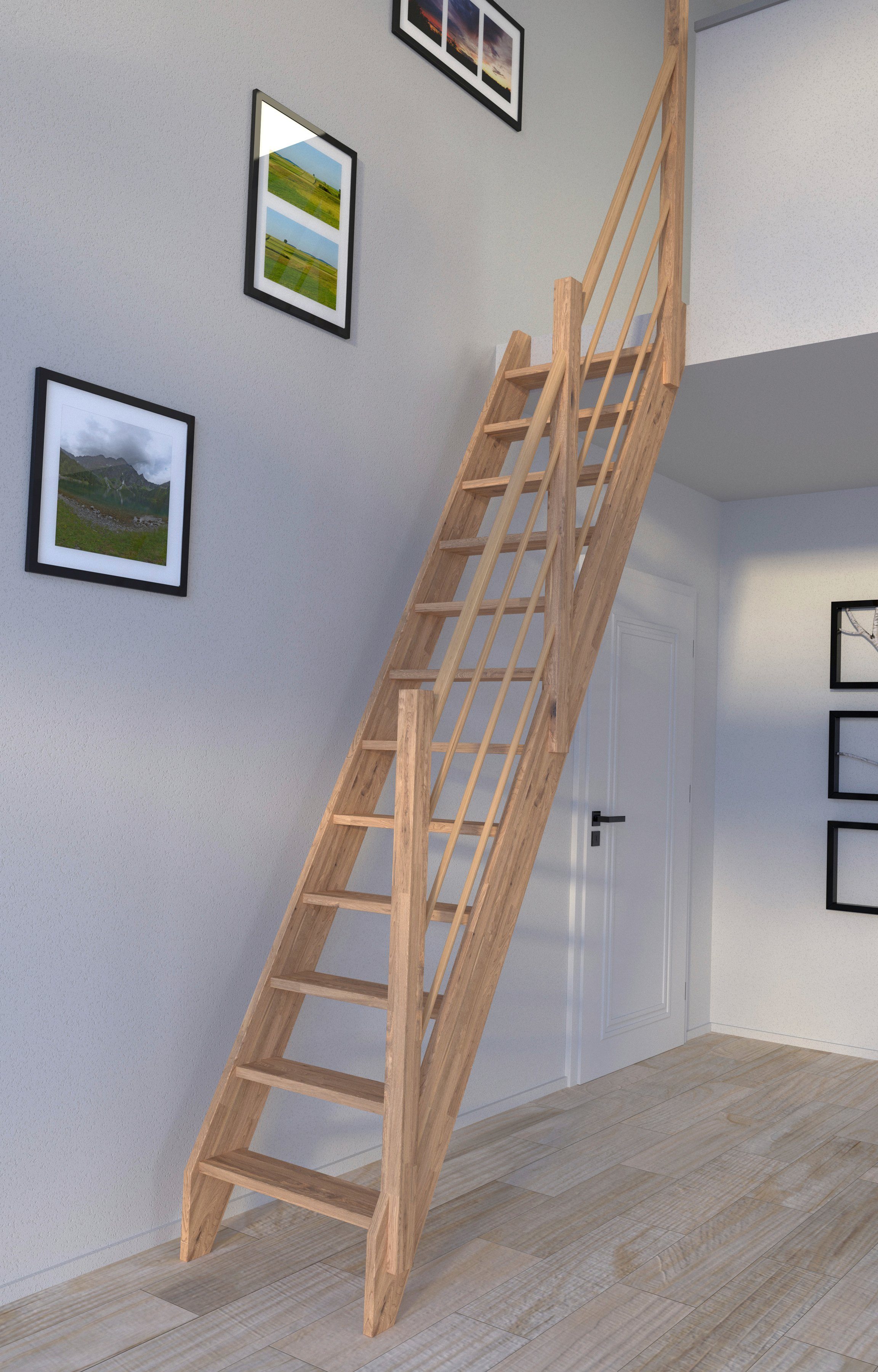Starwood Raumspartreppe Eiche 3000, Holz-Holz Design Geländer Rechts, Stufen offen, Durchgehende Wangenteile