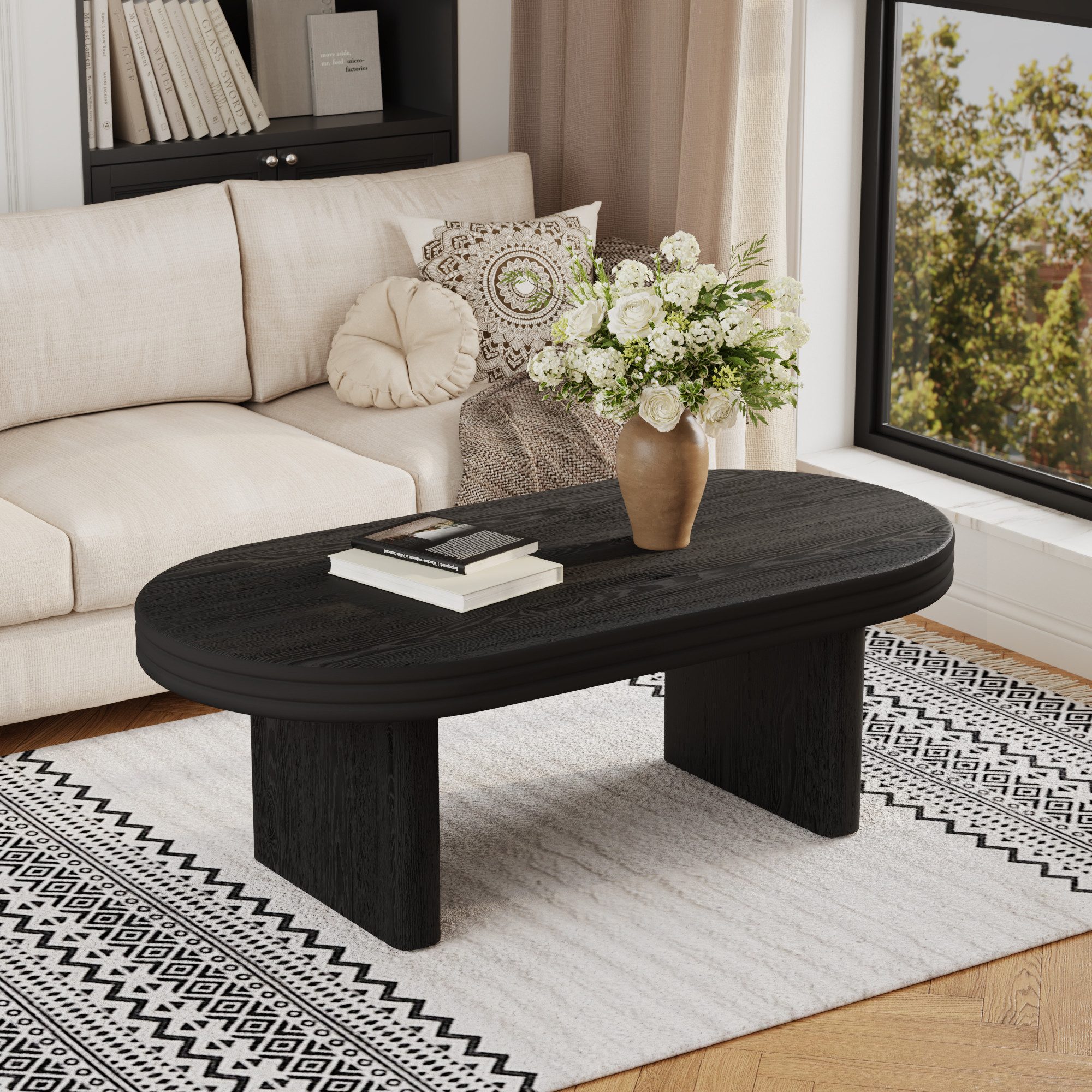 OKWISH Couchtisch Beistelltisch Kaffeetisch, mit Rillenstruktur, Rustikaler Holztisch