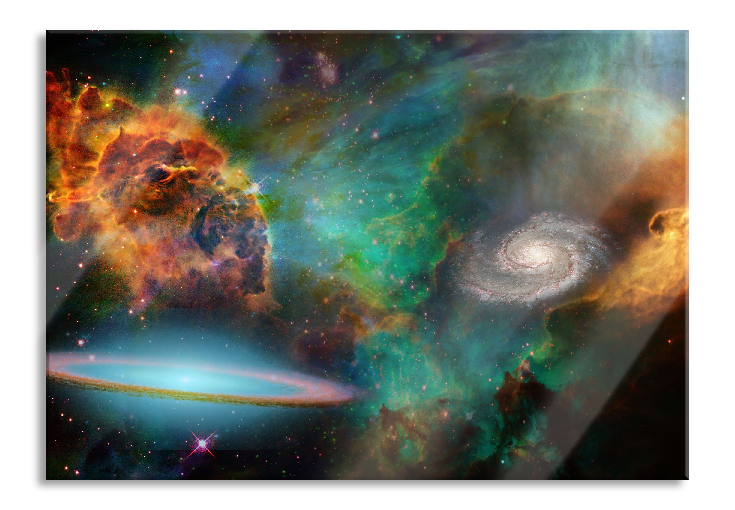 Abstandshalter mit Galaxie Glasbild Aufhängungen Sternennebel Echtglas, Glasbild und mit aus (1 Sternennebel, Galaxie inkl. St), Pixxprint