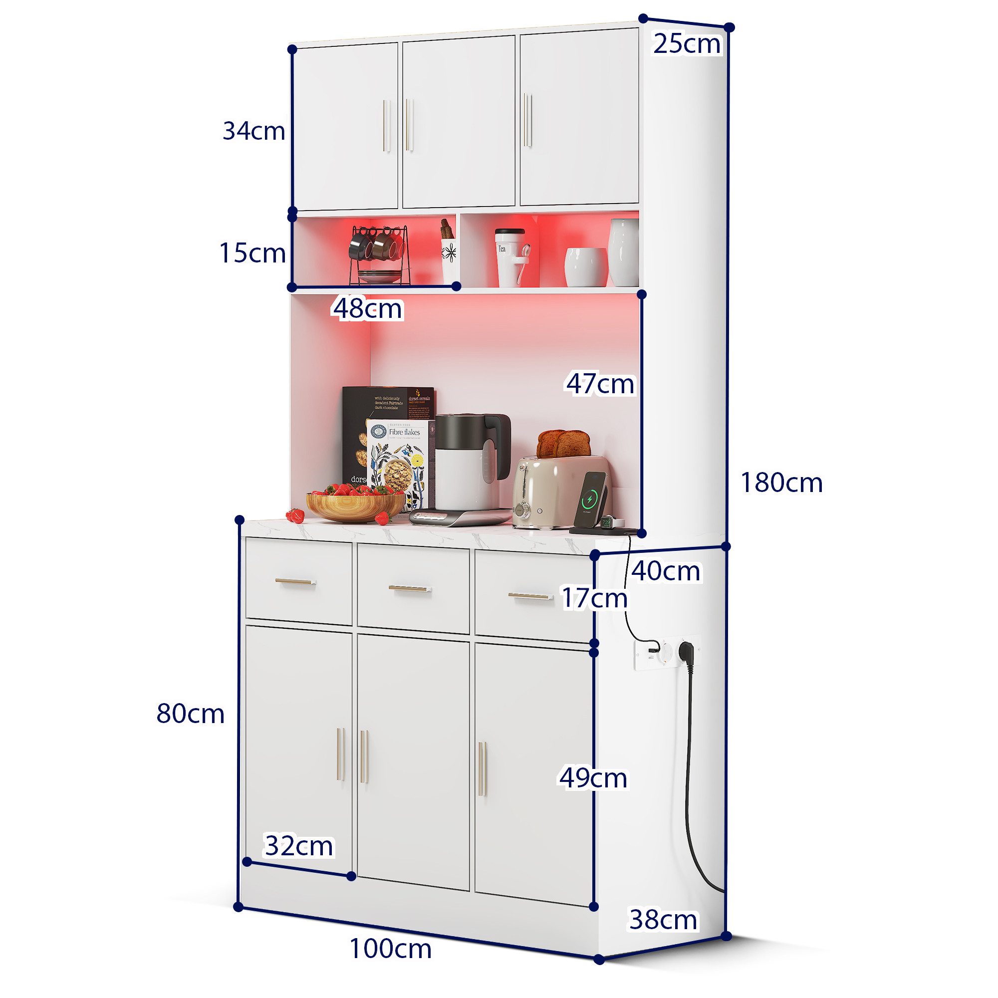 Flieks Küchenbuffet mit LED-Beleuchtung und Steckdosen (1-St., 100x40x180cm) Hochschrank Küchenschrank Geschirrschrank mit verstellbare Ablagen – Bild 4 von 5