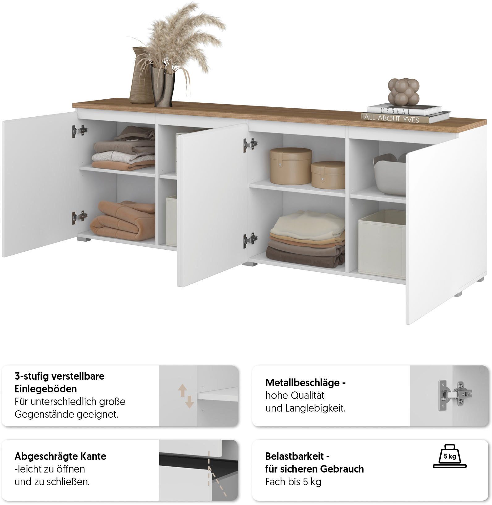 OTTO home Sideboard Modo, Breite 200 cm, moderne grifflose Kommode 4Türen, Anrichte mit viel Stauraum, Einlegeböden verstellbar