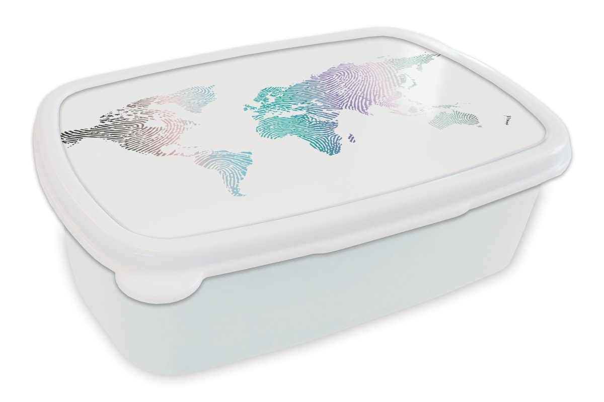 MuchoWow Lunchbox Weltkarte - Abstrakt - Farben - Kinder - Jungen - Mädchen, Kunststoff, (2-tlg), Brotbox für Kinder und Erwachsene, Brotdose, für Jungs und Mädchen weiß