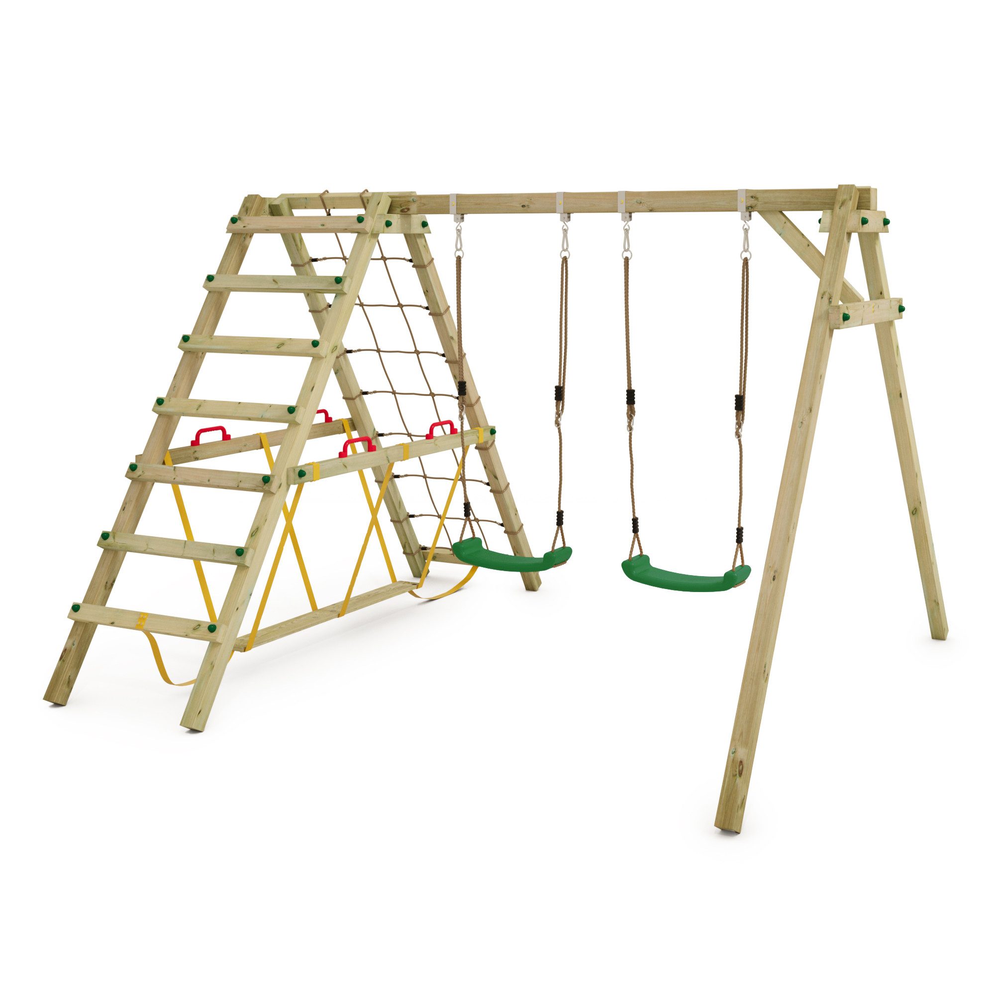 Wickey Doppelschaukel Smart Hike – Schaukel-Kletter-Kombi mit 10 Jahren Garantie*, (Kinderschaukel - Kreativer Spielspaß mit Klettern & Schaukeln kombiniert, Gartenschaukel mit zwei Sitzen & Kletteranbau), Robuste Holzschaukel mit Kletterelement und Schwebebalken