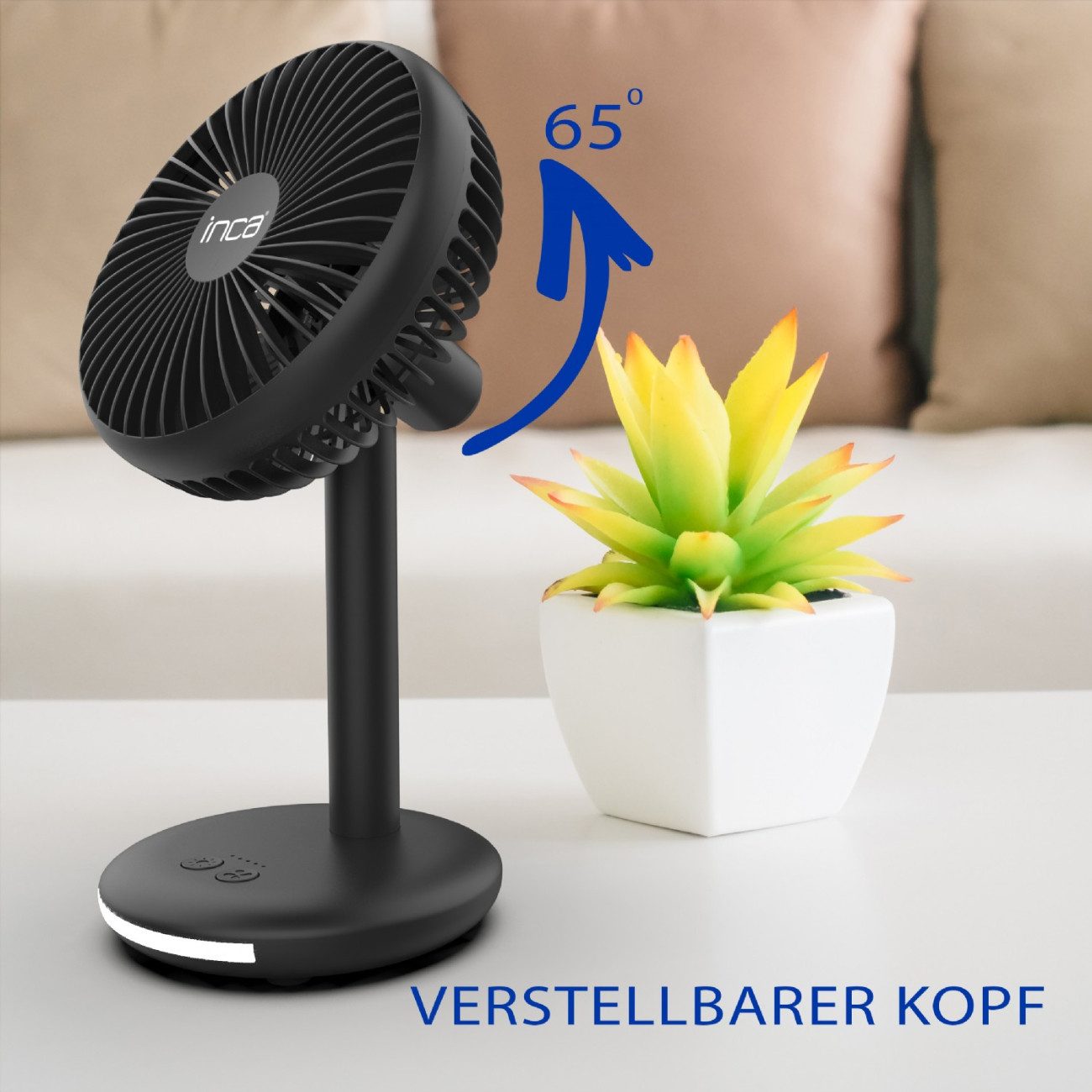 INCA Tischventilator IMF-16B, 13,5 cm Durchmesser, Schreibtischventilator mit 4 Stufen und 3 LED-Lichtstufen