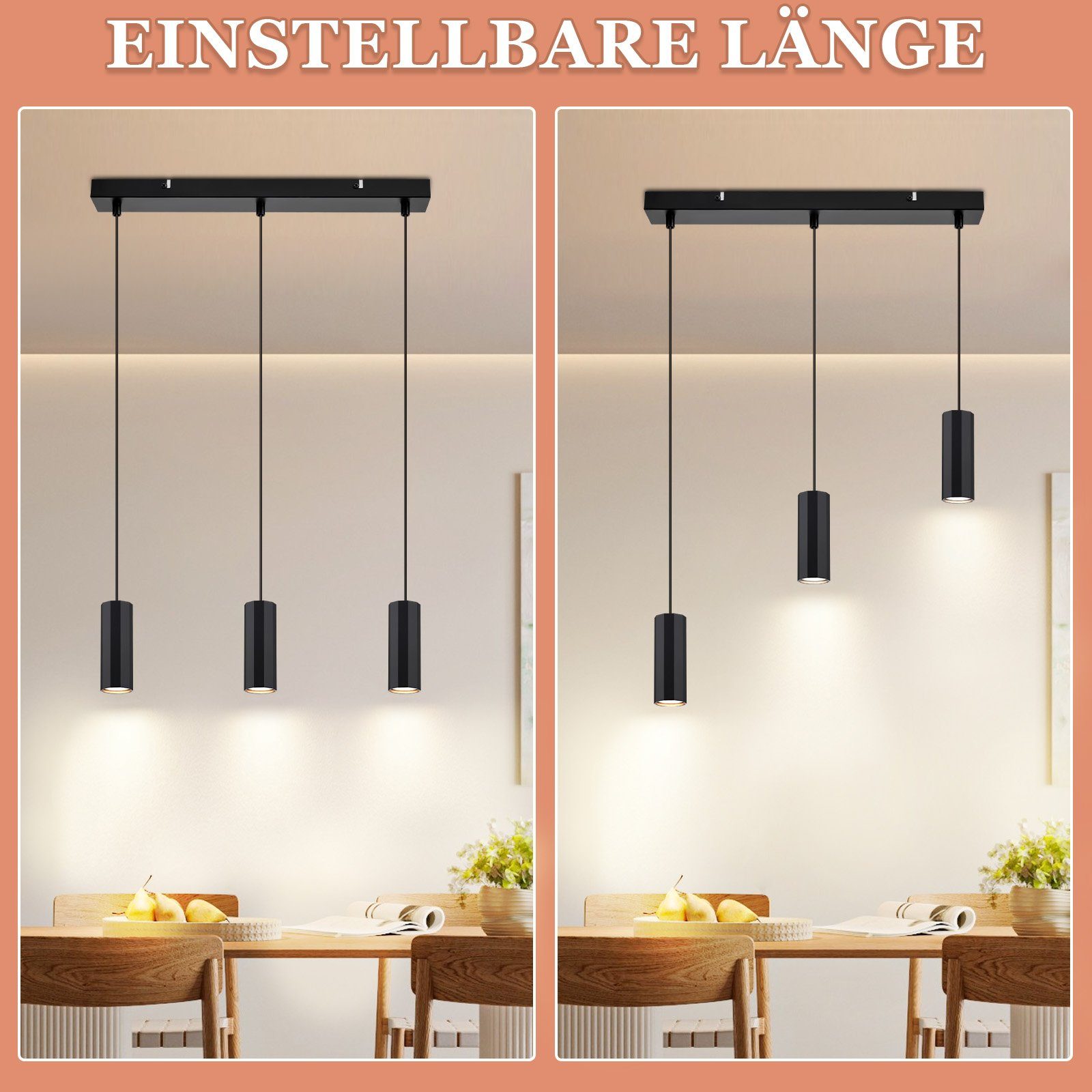 ZMH Pendelleuchte Esstisch 3-flammig,schwarze Hängelampe aus Metall mit GU10, ohne Leuchtmittel, Hängeleuchte bis 150 cm höhenverstellbar – Bild 4 von 5