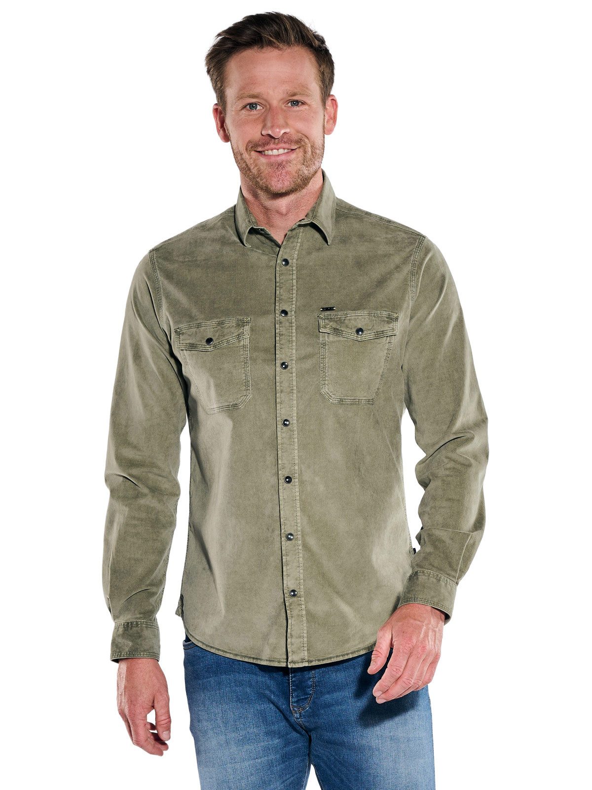 Engbers Langarmhemd Herren Langarmhemd mit Druckknöpfen, Khaki