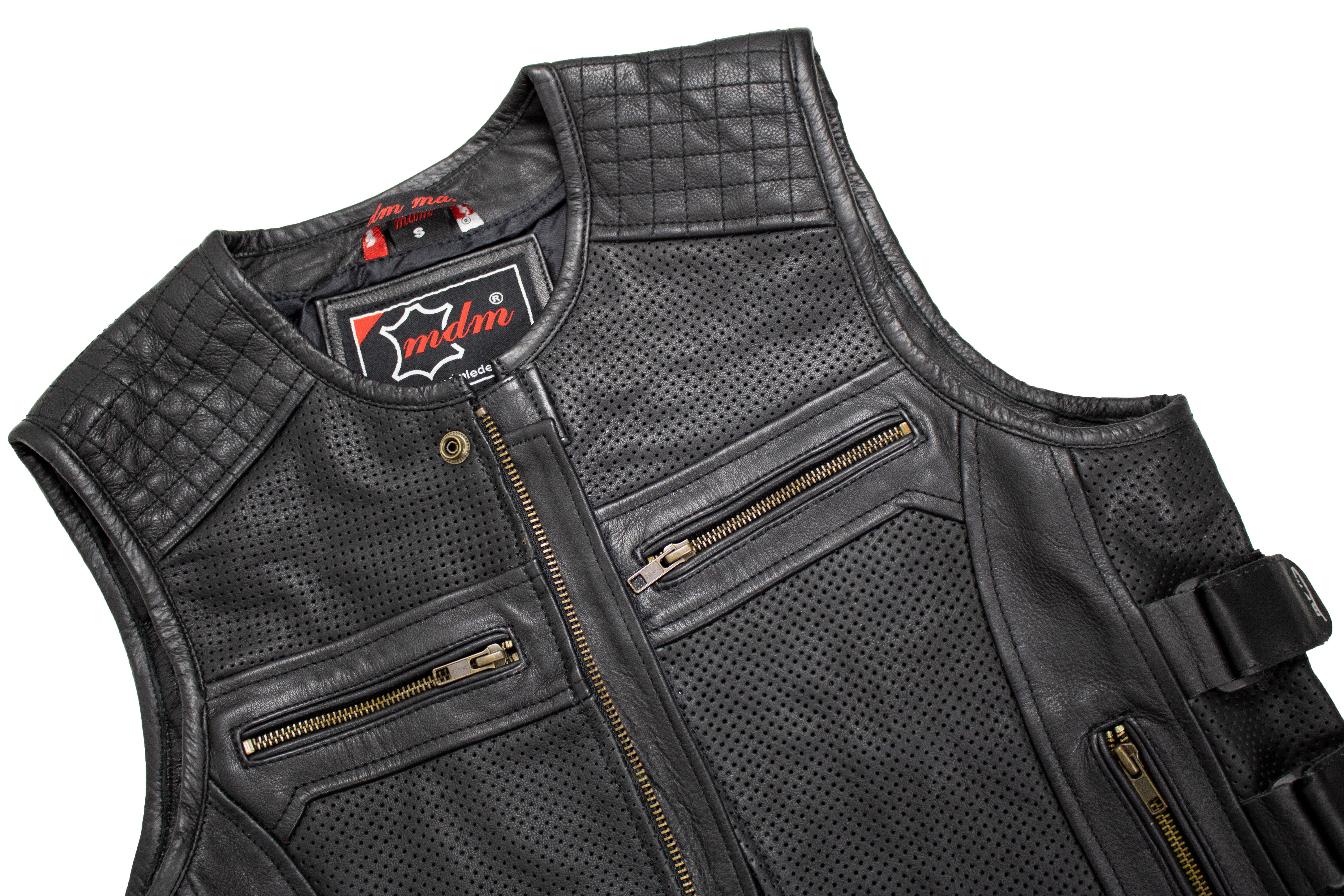 MDM Lederweste Herren Biker Lederweste Racing Bikerweste Custom Perforiertes Leder